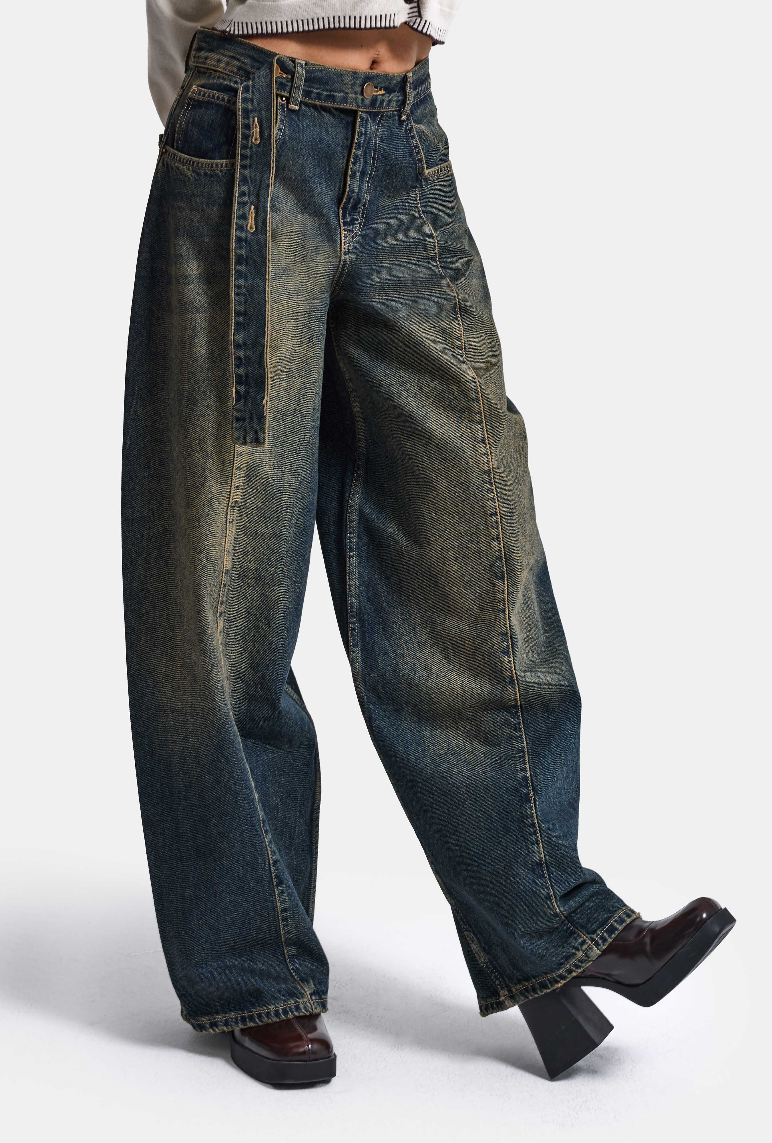 It's Basic Kadın Tint Jean Rengi 2w6-11 Baggy Kemerli Orta Bel Denim Jean