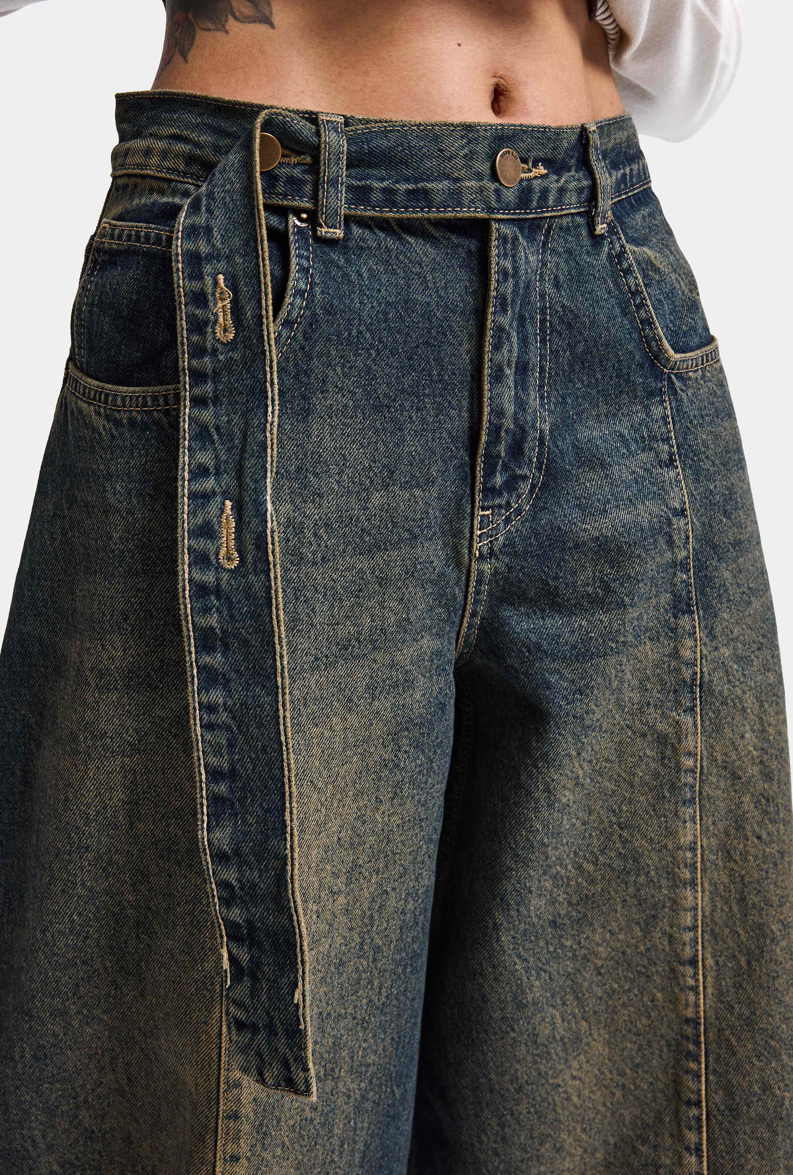 It's Basic Kadın Tint Jean Rengi 2w6-11 Baggy Kemerli Orta Bel Denim Jean görsel 2