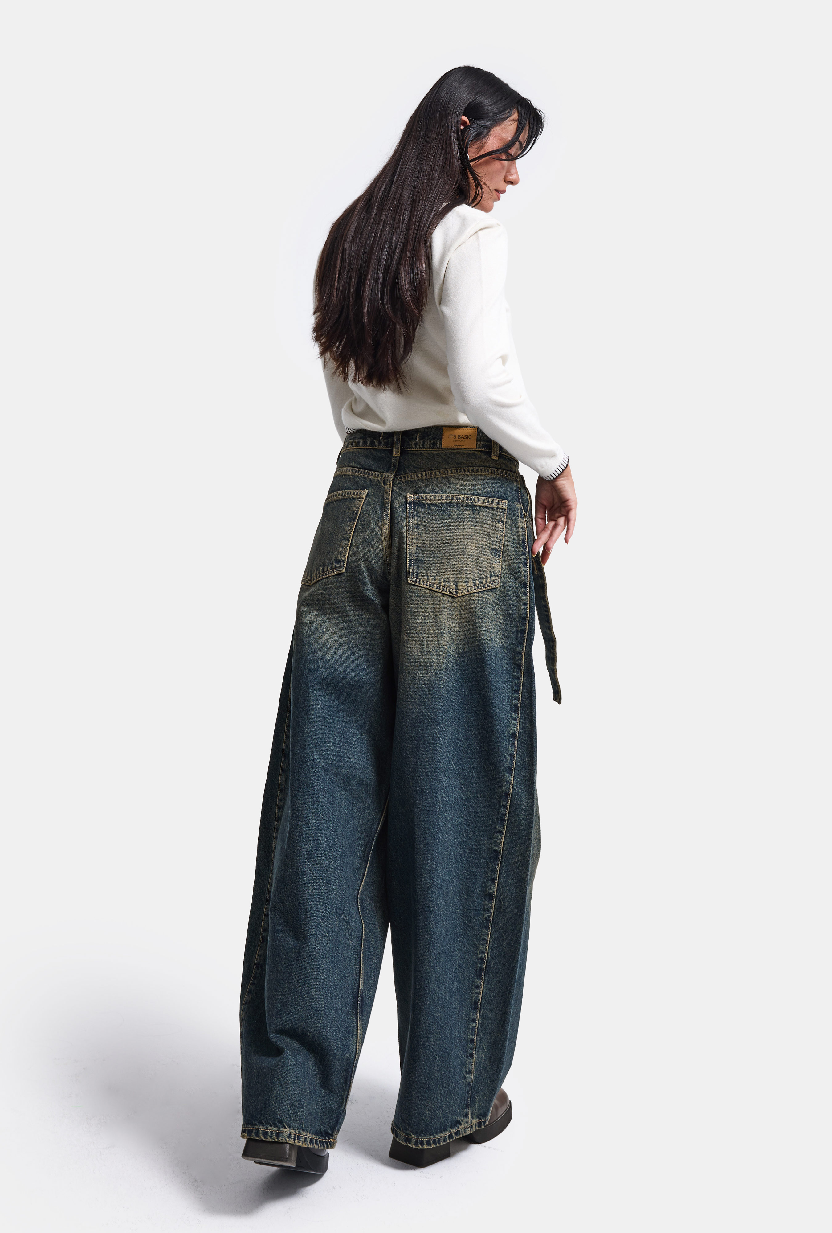 It's Basic Kadın Tint Jean Rengi 2w6-11 Baggy Kemerli Orta Bel Denim Jean görsel 4