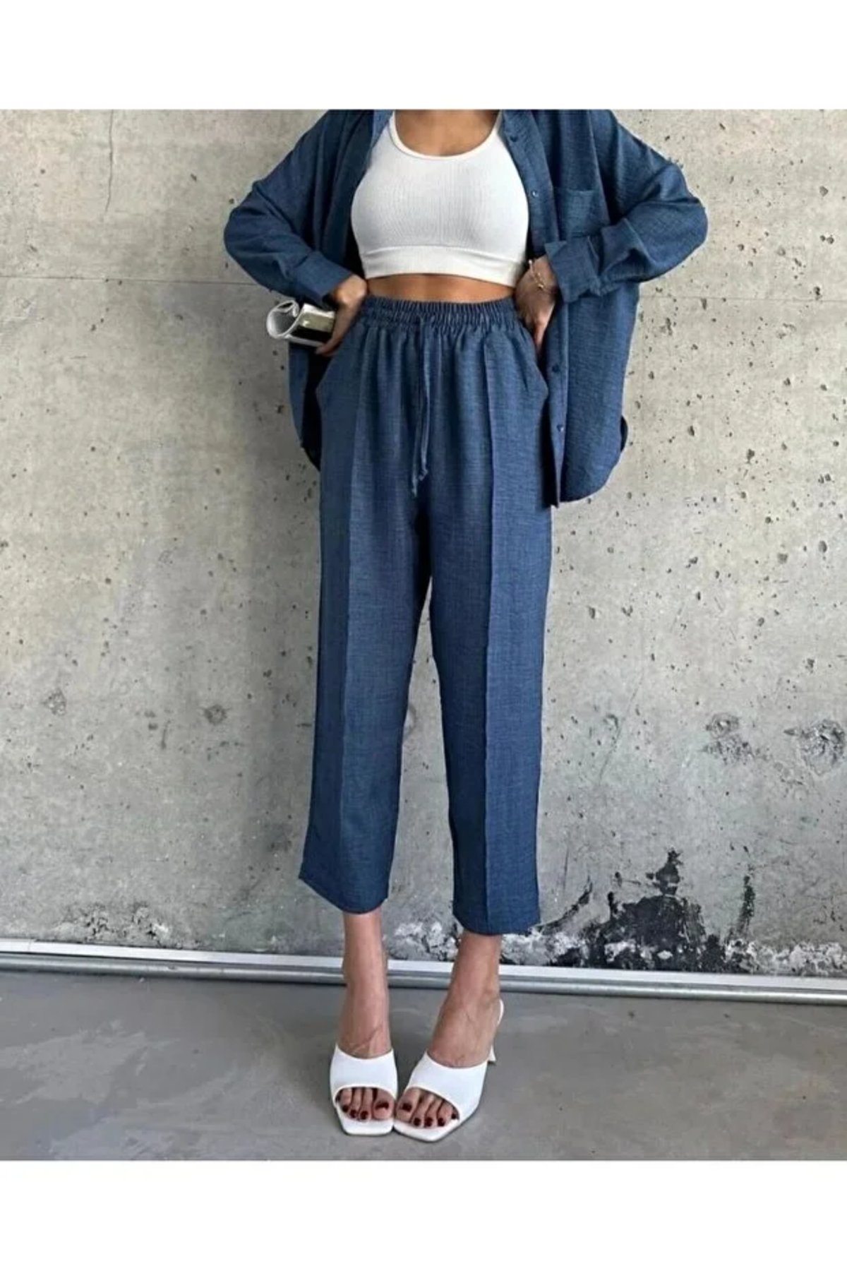 ginger love Kadın Çift Cepli Oversize Gömlek Pantolon Takım, İndigo görsel 4