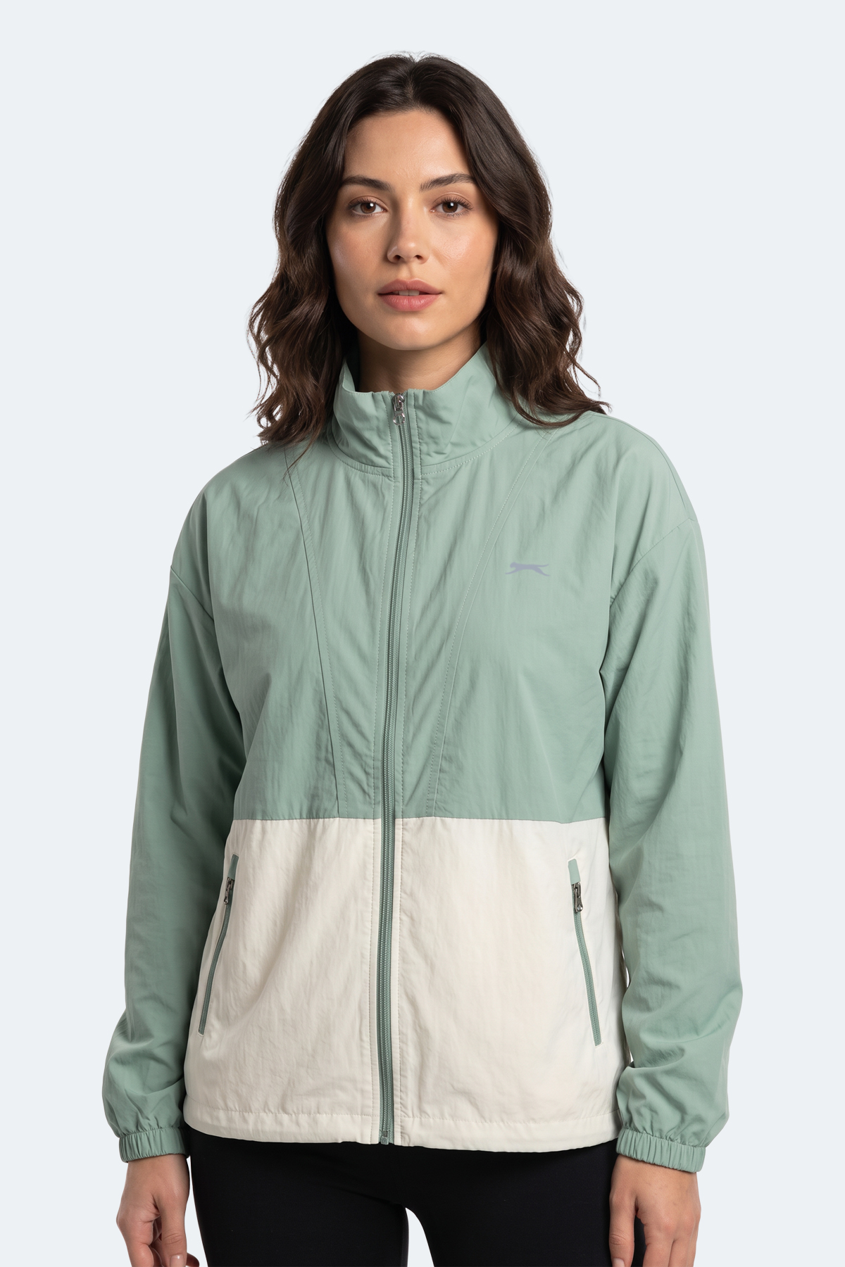 SLAZENGER RESTORED Kadın Dik Yaka Fermuarlı Oversıze Su Yeşili Rüzgarlık