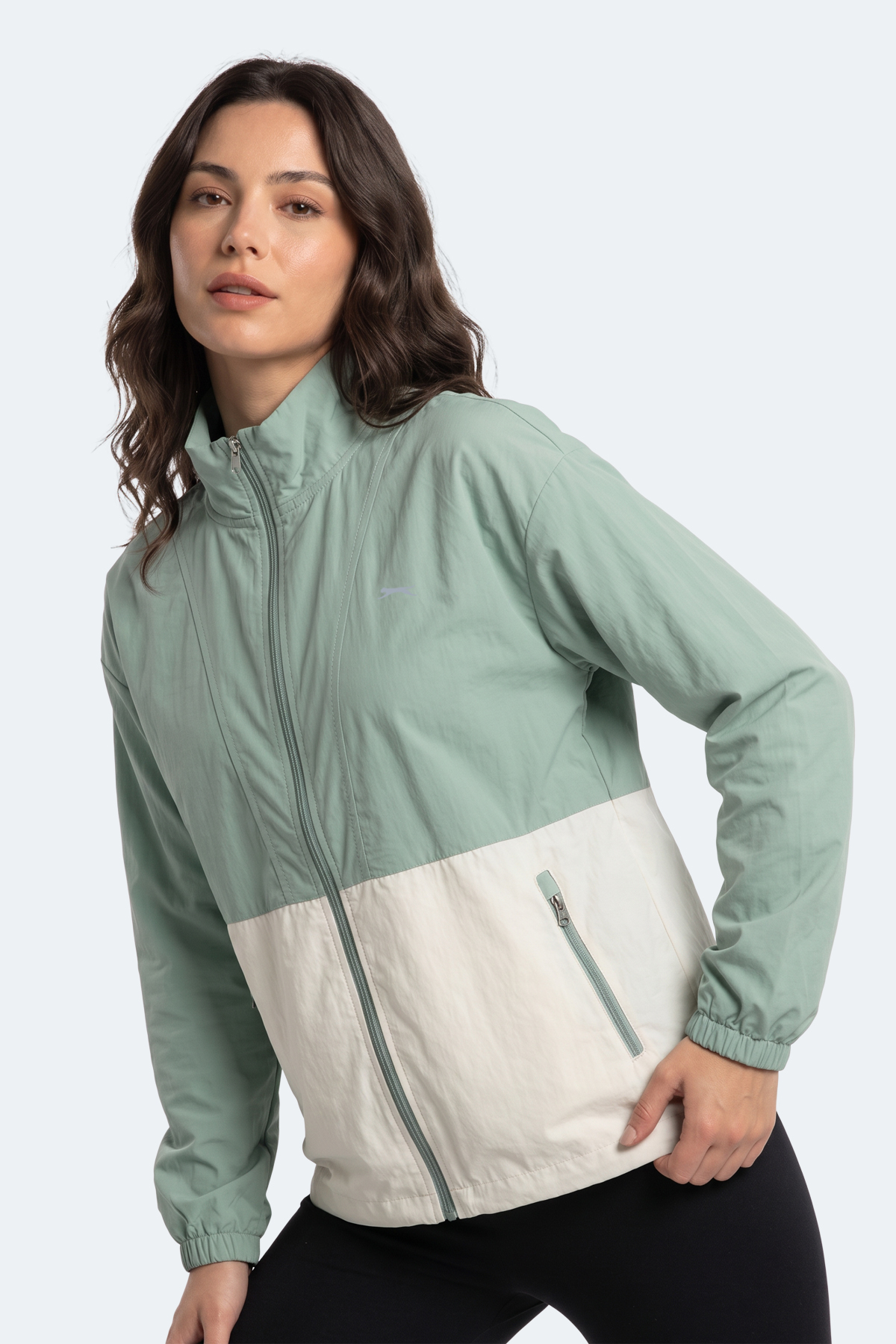 SLAZENGER RESTORED Kadın Dik Yaka Fermuarlı Oversıze Su Yeşili Rüzgarlık görsel 4