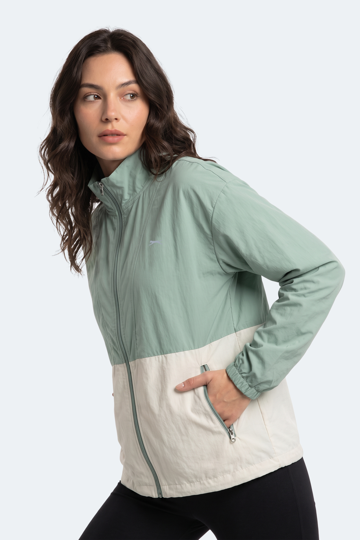 SLAZENGER RESTORED Kadın Dik Yaka Fermuarlı Oversıze Su Yeşili Rüzgarlık görsel 5
