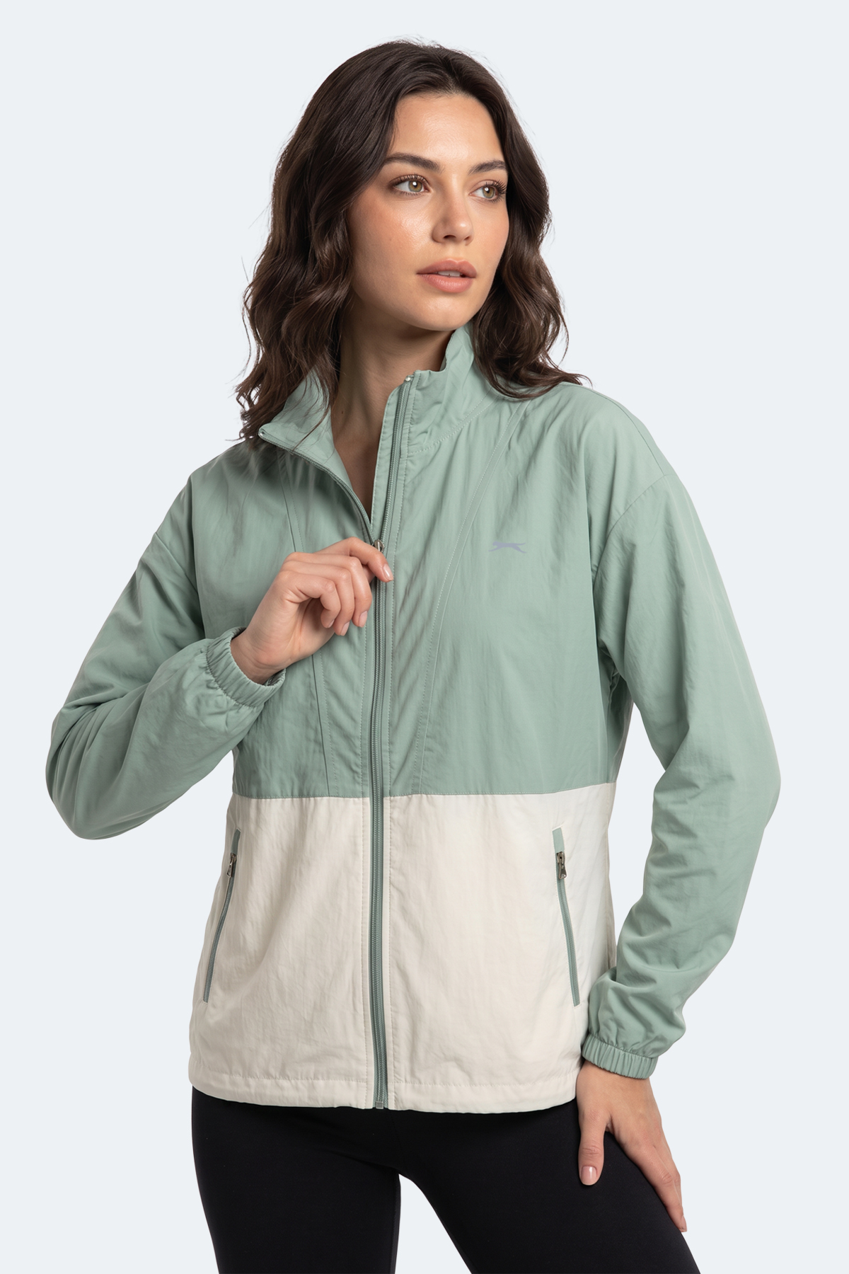 SLAZENGER RESTORED Kadın Dik Yaka Fermuarlı Oversıze Su Yeşili Rüzgarlık görsel 8