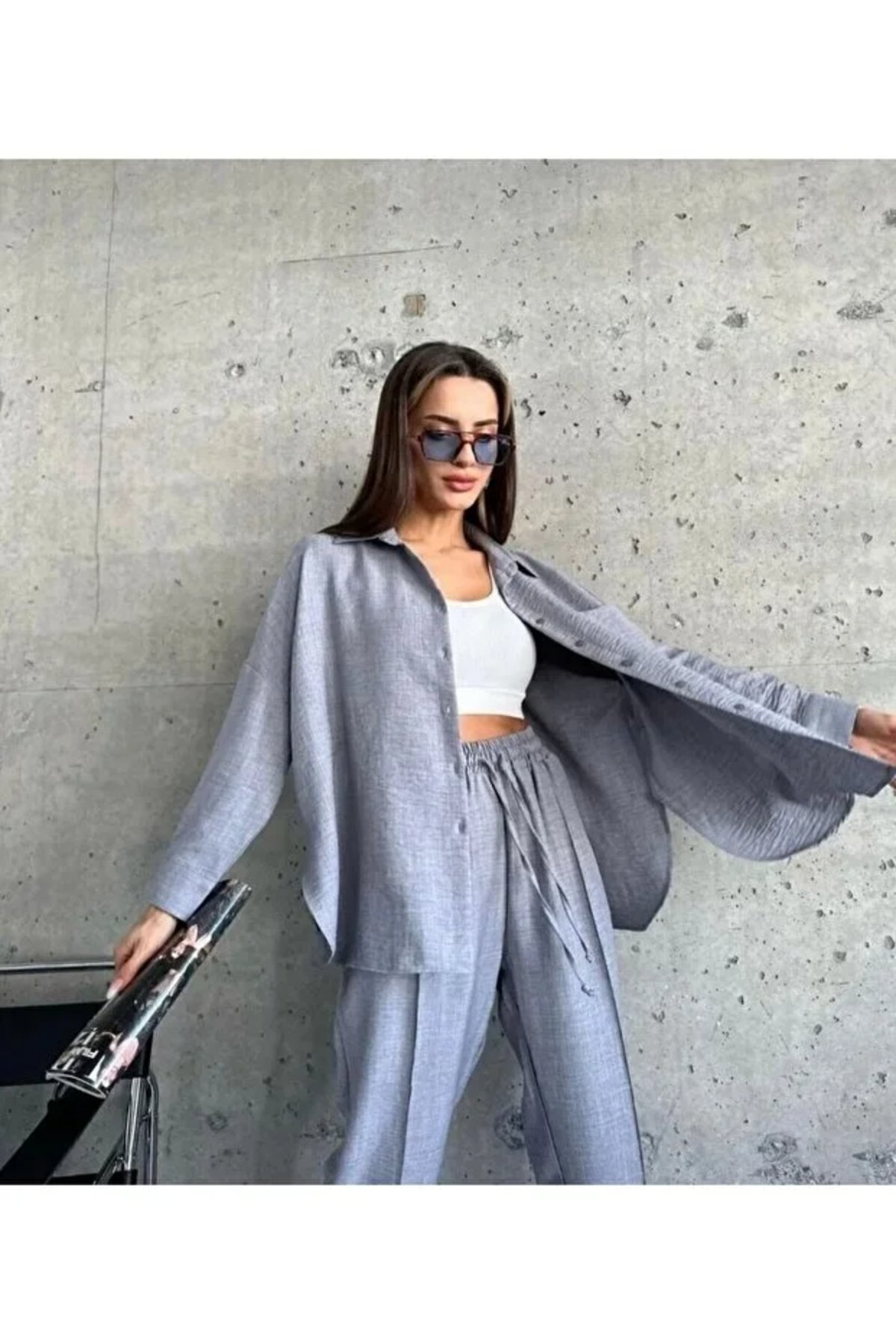 ginger love Kadın Çift Cepli Oversize Gömlek Pantolon Takım gri