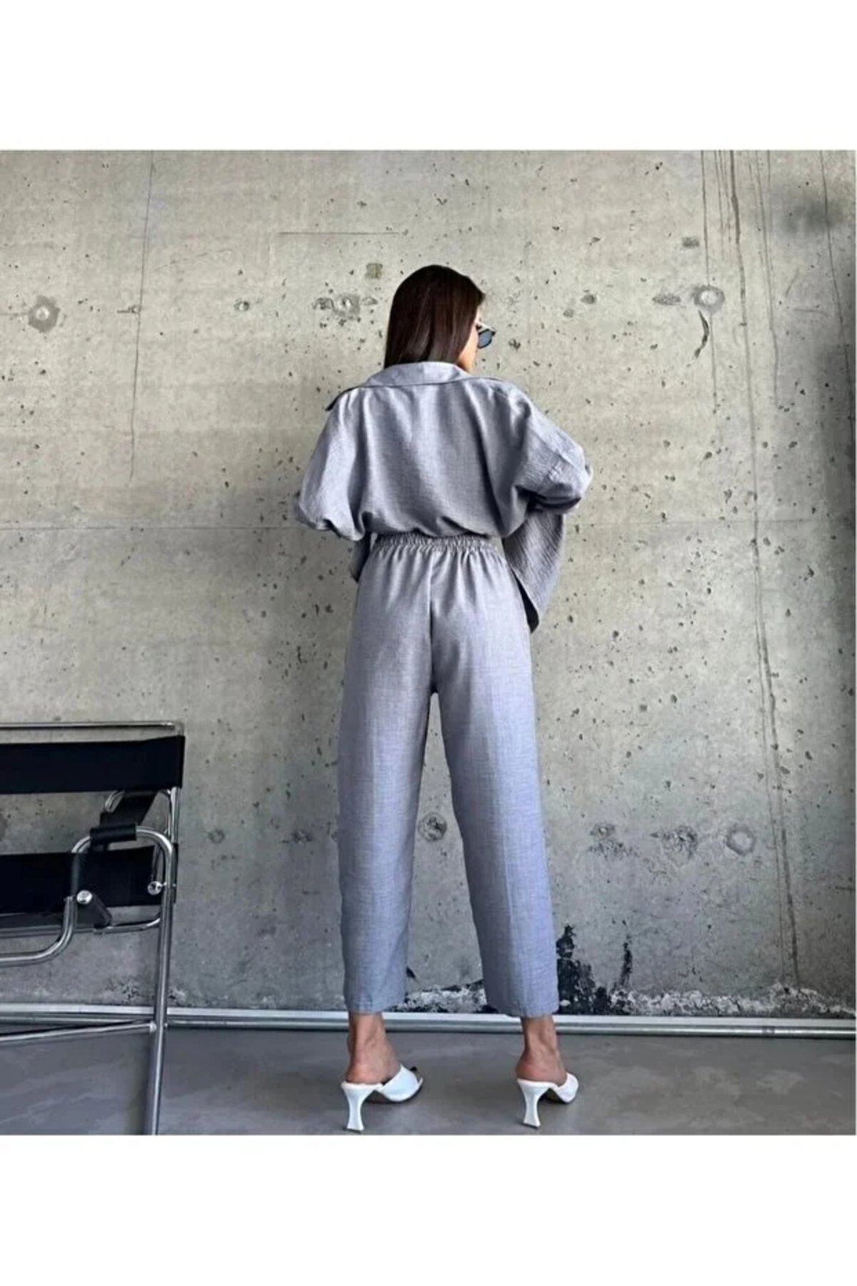 ginger love Kadın Çift Cepli Oversize Gömlek Pantolon Takım gri görsel 2