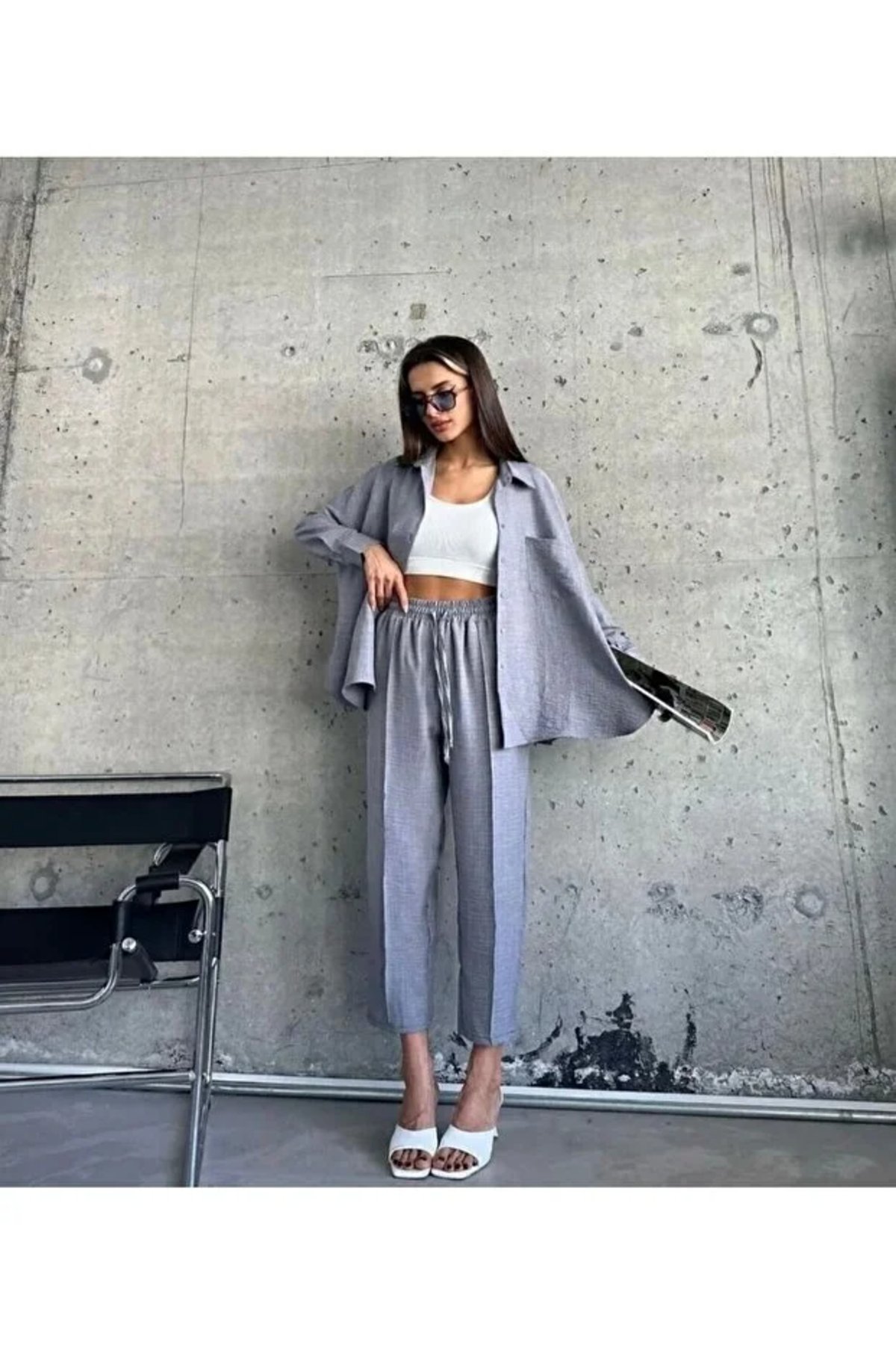 ginger love Kadın Çift Cepli Oversize Gömlek Pantolon Takım gri görsel 3
