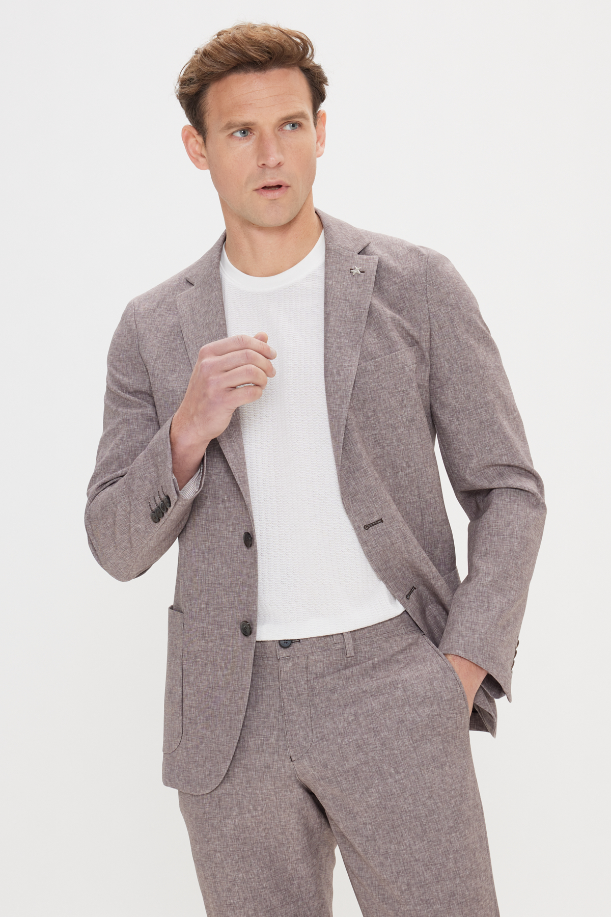 Altınyıldız Classics Erkek Vizon Slim Fit Mono Yaka Beli Bağlamalı Desenli Takım Elbise
