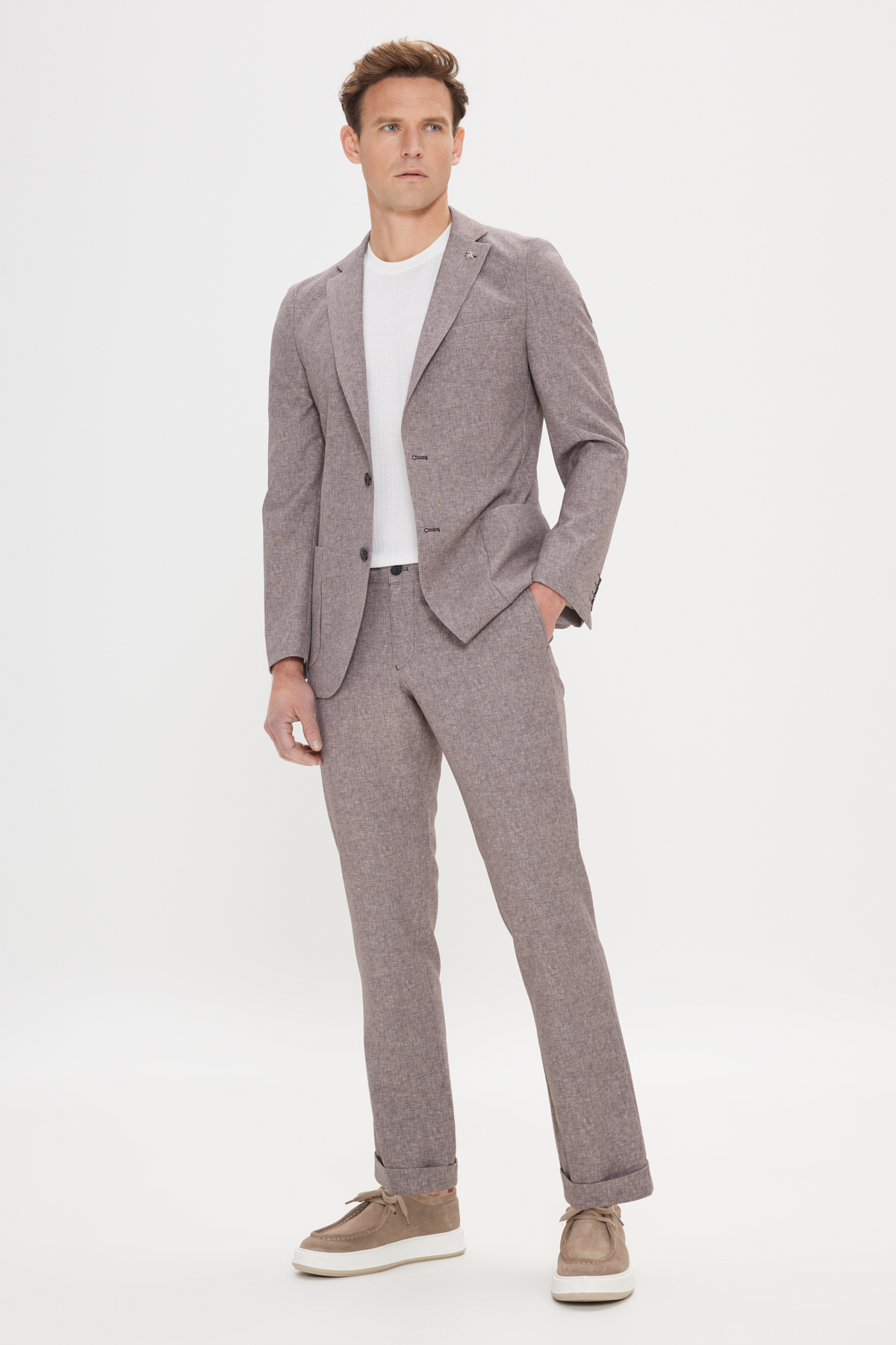 Altınyıldız Classics Erkek Vizon Slim Fit Mono Yaka Beli Bağlamalı Desenli Takım Elbise görsel 2