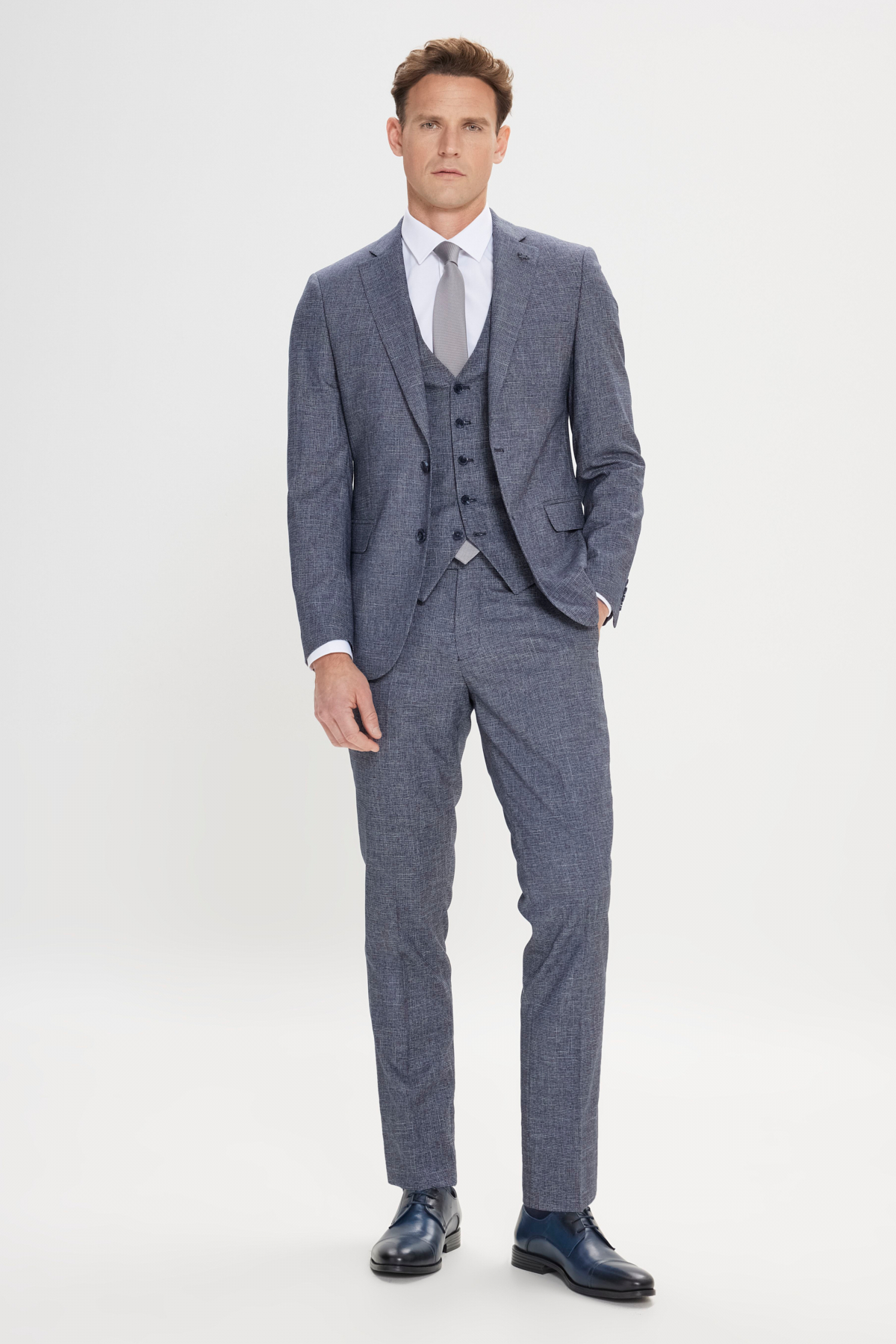 Altınyıldız Classics Erkek Lacivert-Beyaz Ekstra Slim Fit Mono Yaka Desenli Yelekli Takım Elbise