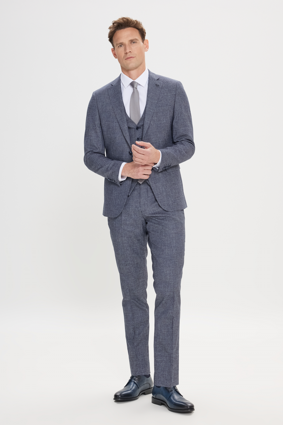 Altınyıldız Classics Erkek Lacivert-Beyaz Ekstra Slim Fit Mono Yaka Desenli Yelekli Takım Elbise görsel 2