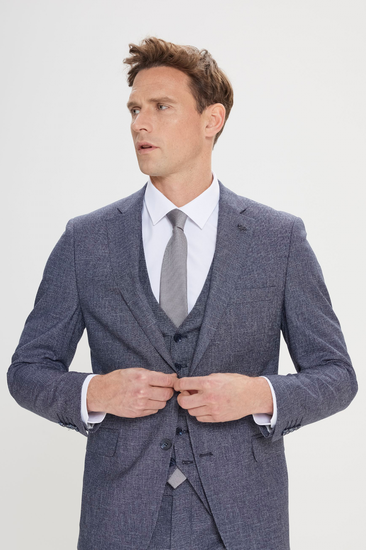 Altınyıldız Classics Erkek Lacivert-Beyaz Ekstra Slim Fit Mono Yaka Desenli Yelekli Takım Elbise görsel 4