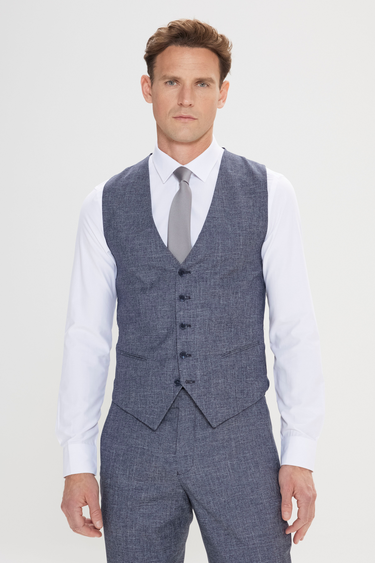 Altınyıldız Classics Erkek Lacivert-Beyaz Ekstra Slim Fit Mono Yaka Desenli Yelekli Takım Elbise görsel 6