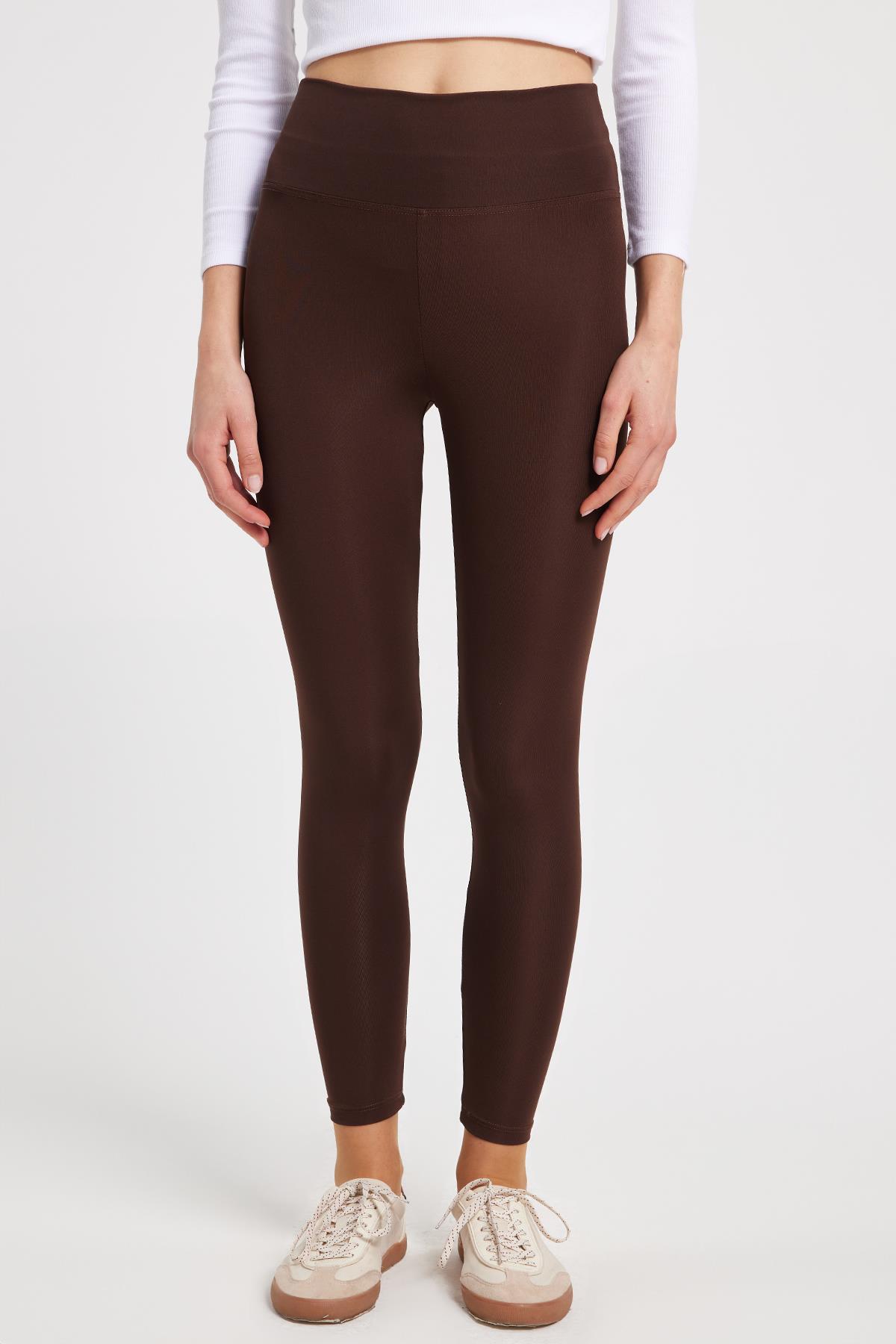 TUDORS Kadın Slim Fit Dar Kesim Scuba Kumaş Beli Lastikli Kahverengi Tayt