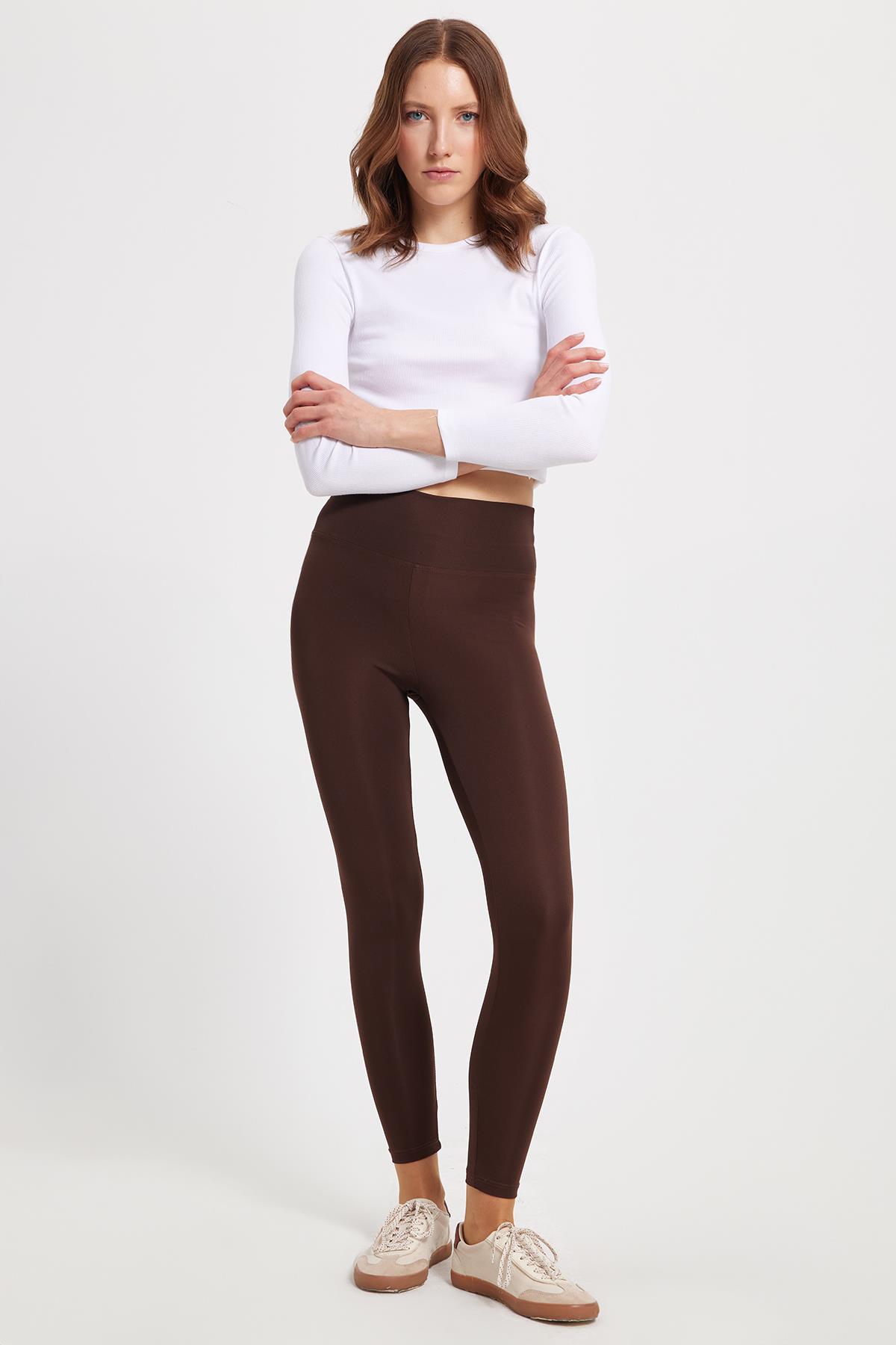 TUDORS Kadın Slim Fit Dar Kesim Scuba Kumaş Beli Lastikli Kahverengi Tayt görsel 7