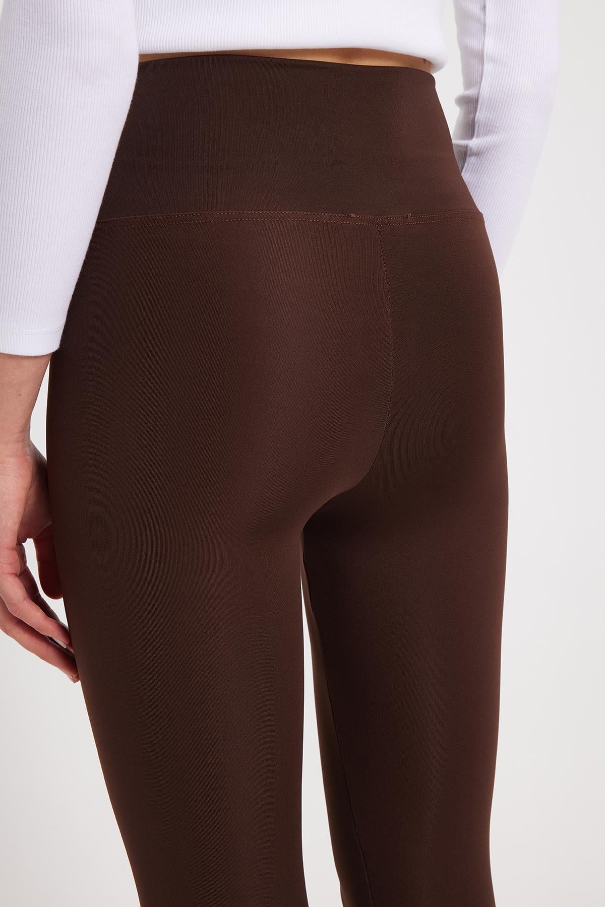 TUDORS Kadın Slim Fit Dar Kesim Scuba Kumaş Beli Lastikli Kahverengi Tayt görsel 8