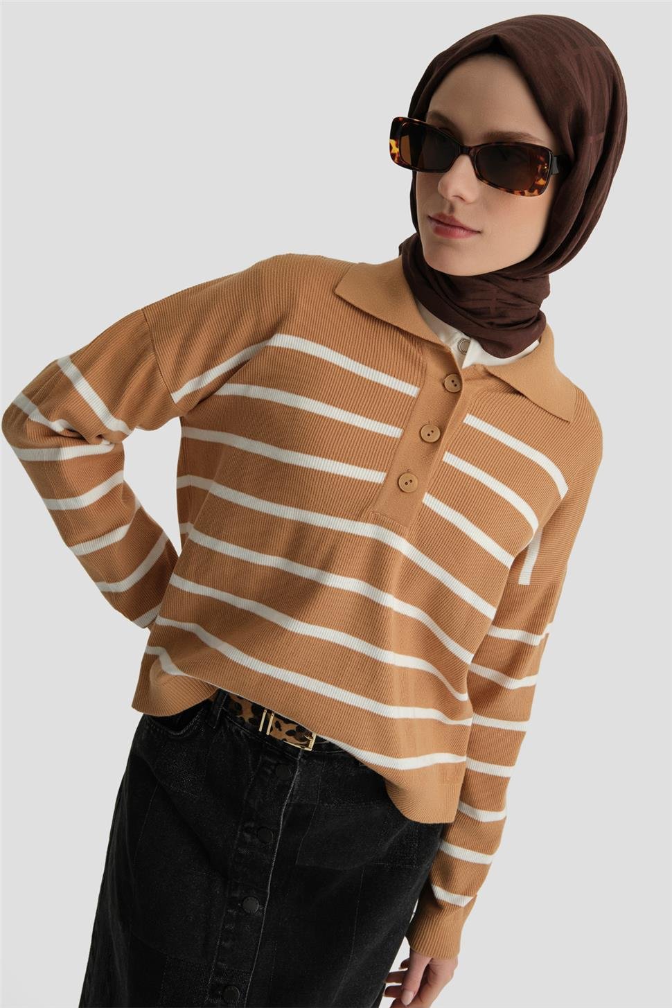 ARMİNE Çizgili Triko Kazak 24Kd4208 Camel görsel 4