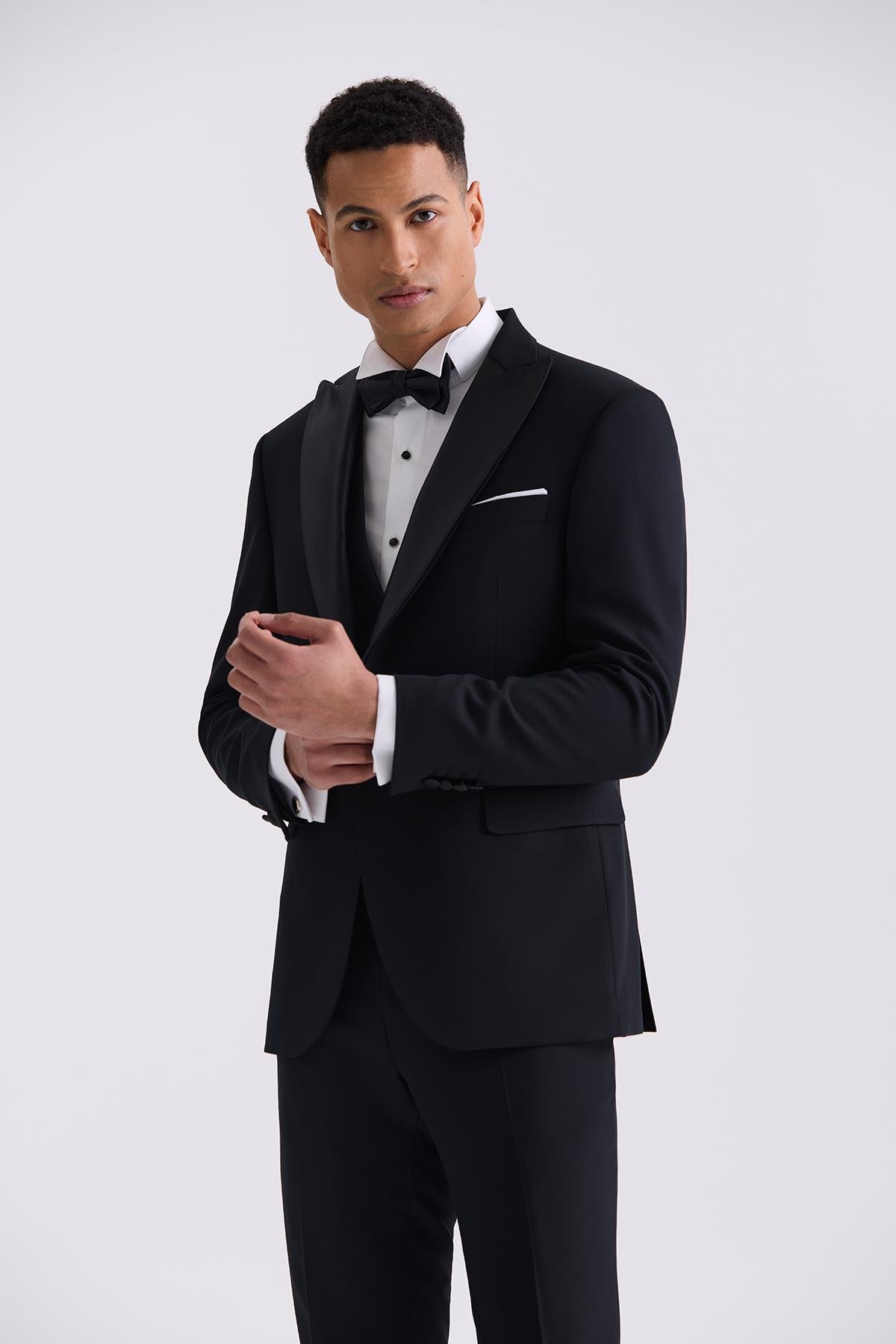 JAKAMEN Siyah Slim Fit Sivri Yaka Smokin Takım Elbise