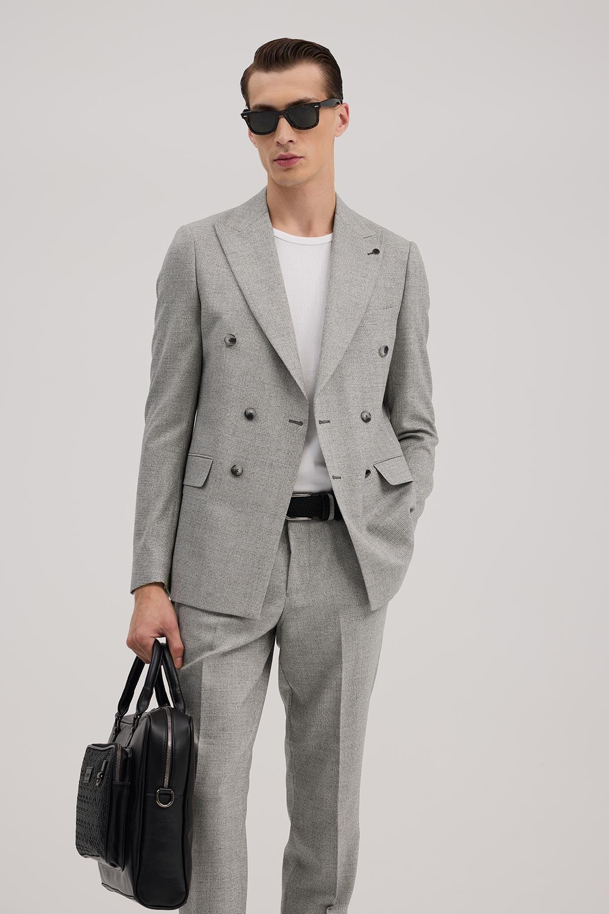 JAKAMEN Gri Slim Fit Ekoseli Kruvaze Takım Elbise