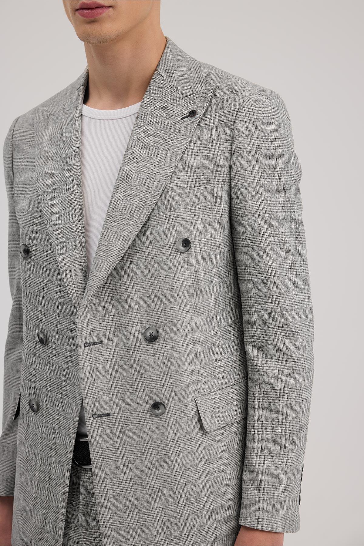 JAKAMEN Gri Slim Fit Ekoseli Kruvaze Takım Elbise görsel 3