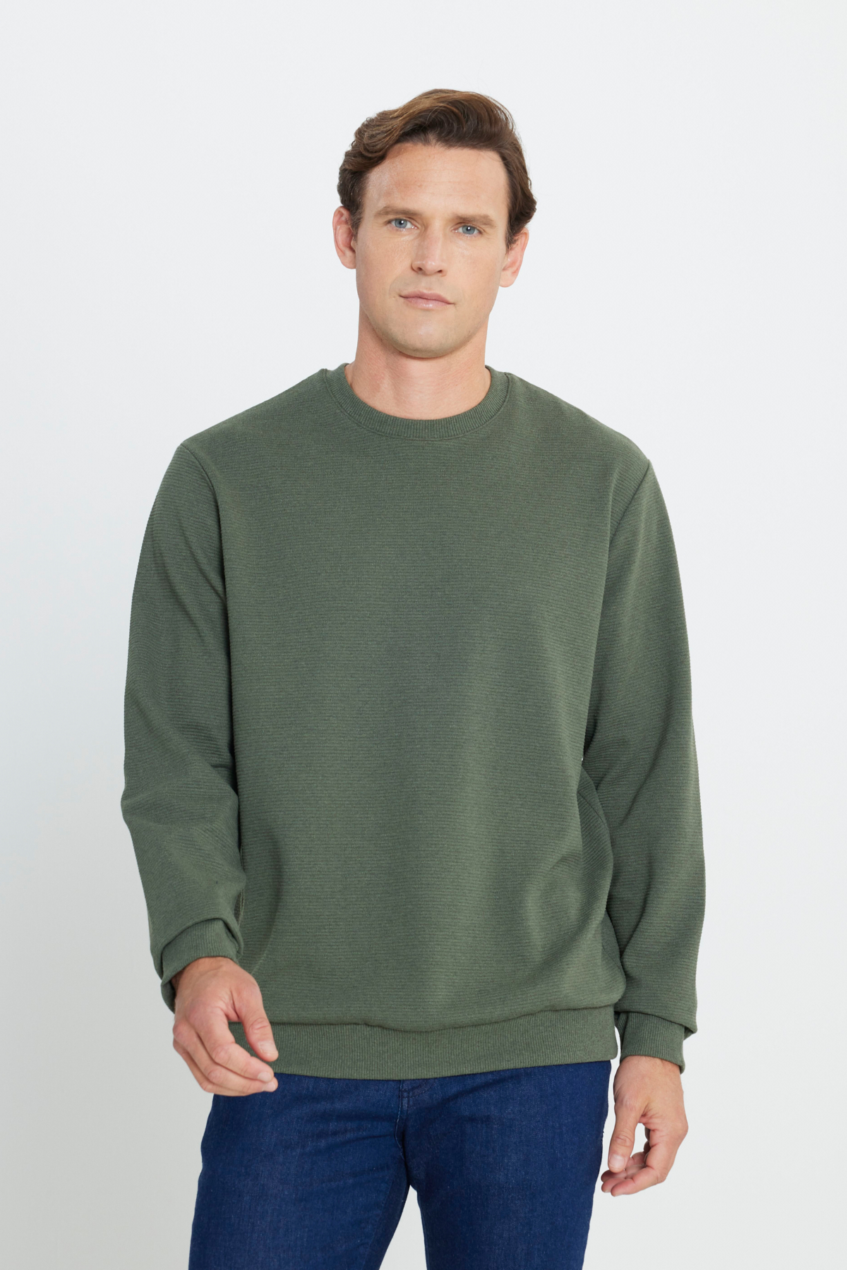 AC&Co / Altınyıldız Classics Erkek Haki 2 İplik Sıcak Tutan Standart Fit Normal Kesim Bisiklet Yaka Dokulu Sweatshirt