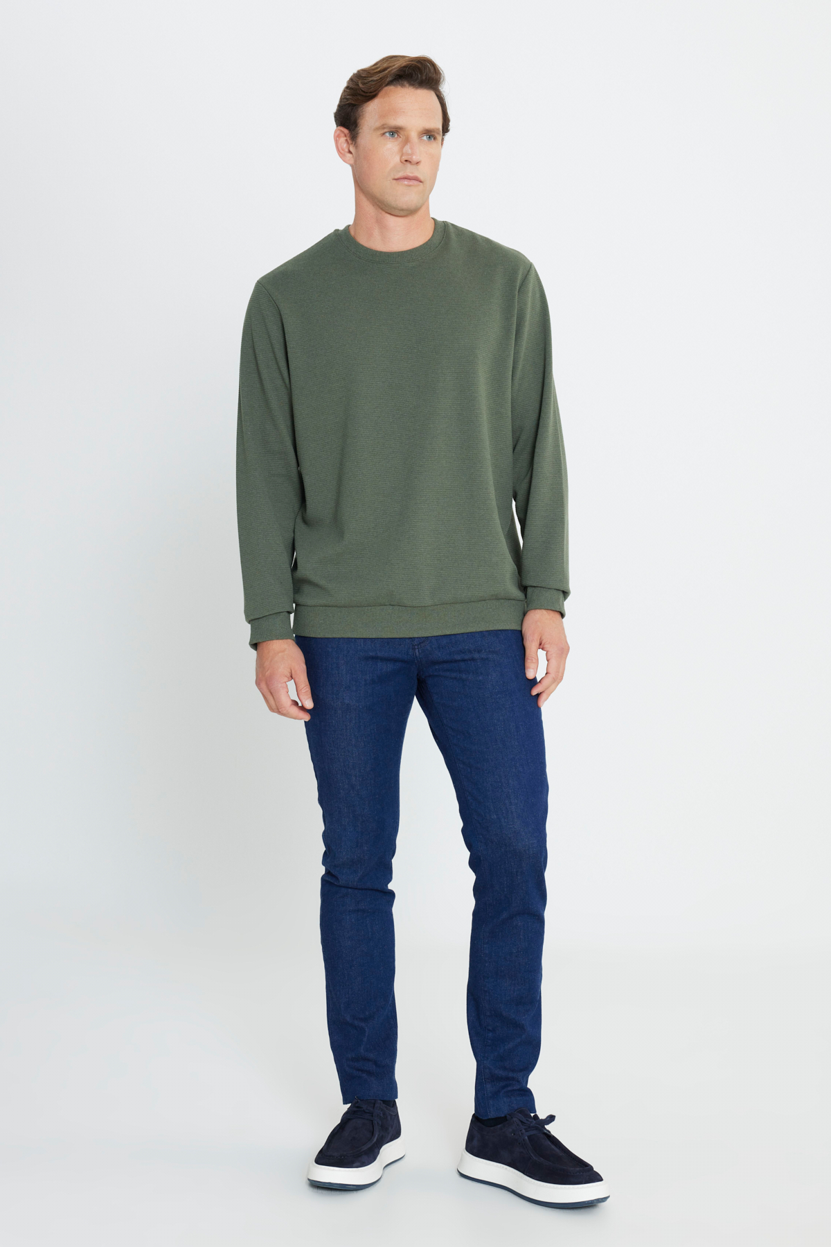 AC&Co / Altınyıldız Classics Erkek Haki 2 İplik Sıcak Tutan Standart Fit Normal Kesim Bisiklet Yaka Dokulu Sweatshirt görsel 2