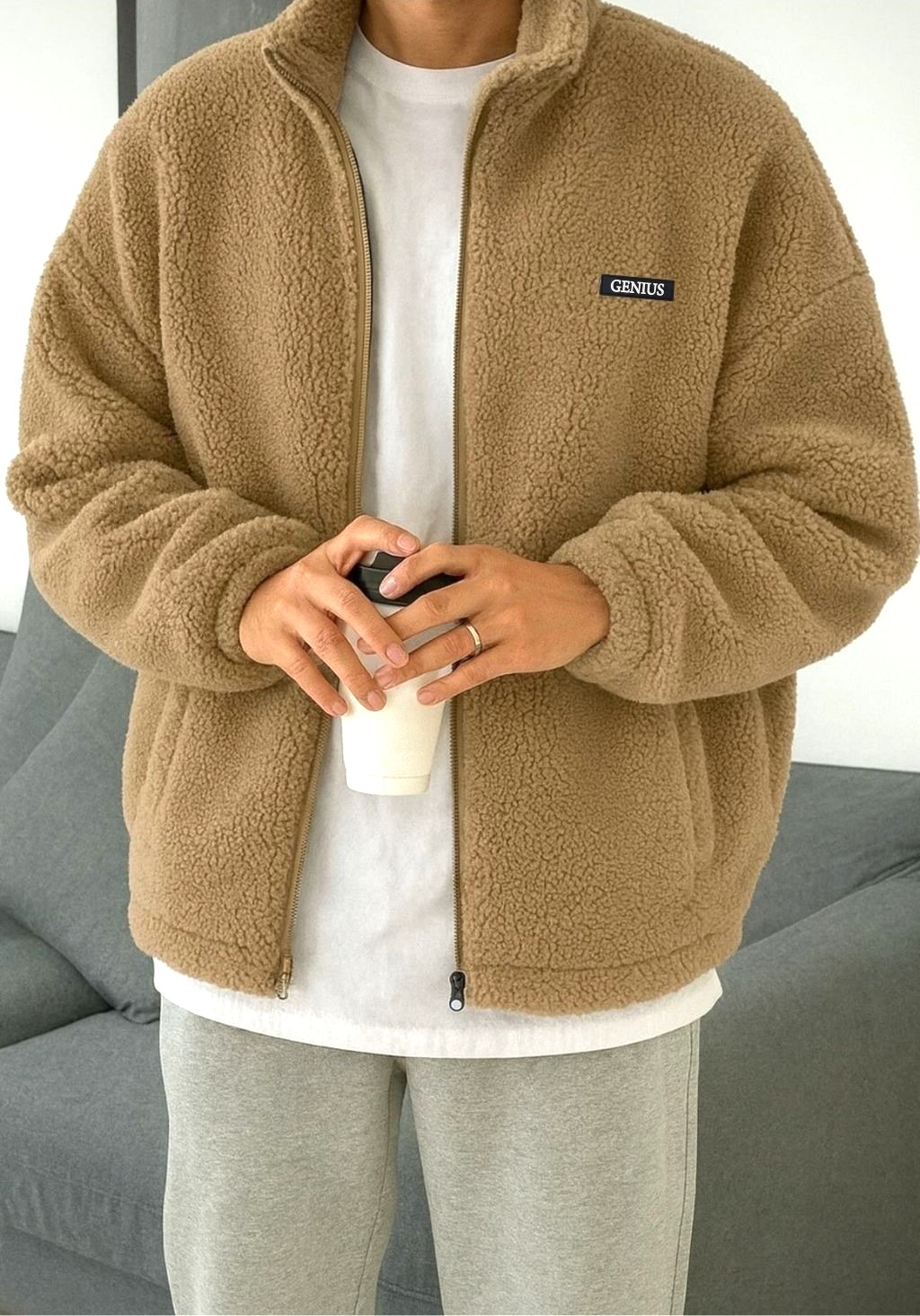 Genius Store Oversize Pelüş Tam Erkek Fermuarlı Sweatshirt Hırka Pelüş İçi Polarlı Sherpa Kumaş