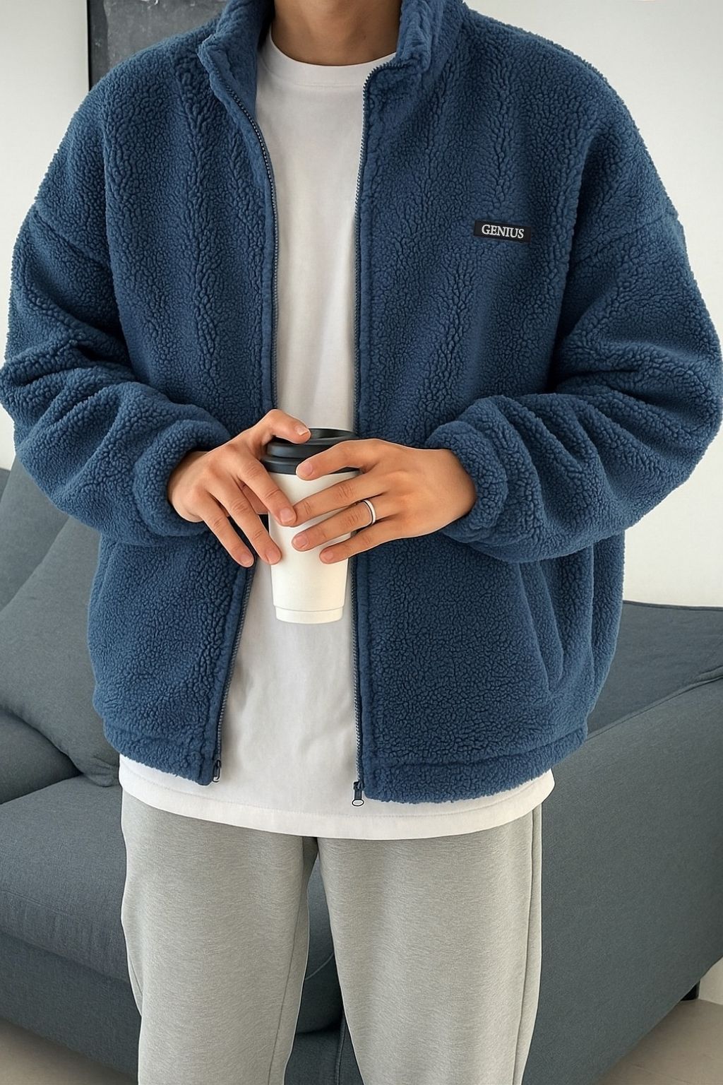 Genius Store Oversize Pelüş Tam Erkek Fermuarlı Sweatshirt Hırka Pelüş İçi Polarlı Sherpa Kumaş
