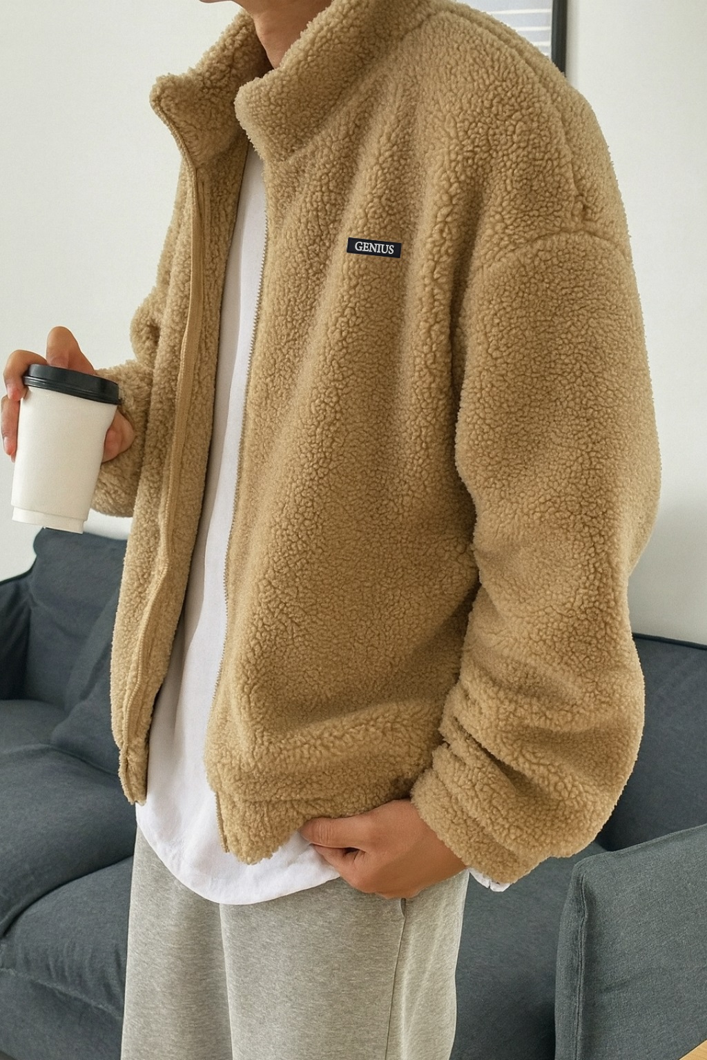Genius Store Oversize Pelüş Tam Erkek Fermuarlı Sweatshirt Hırka Pelüş İçi Polarlı Sherpa Kumaş görsel 2
