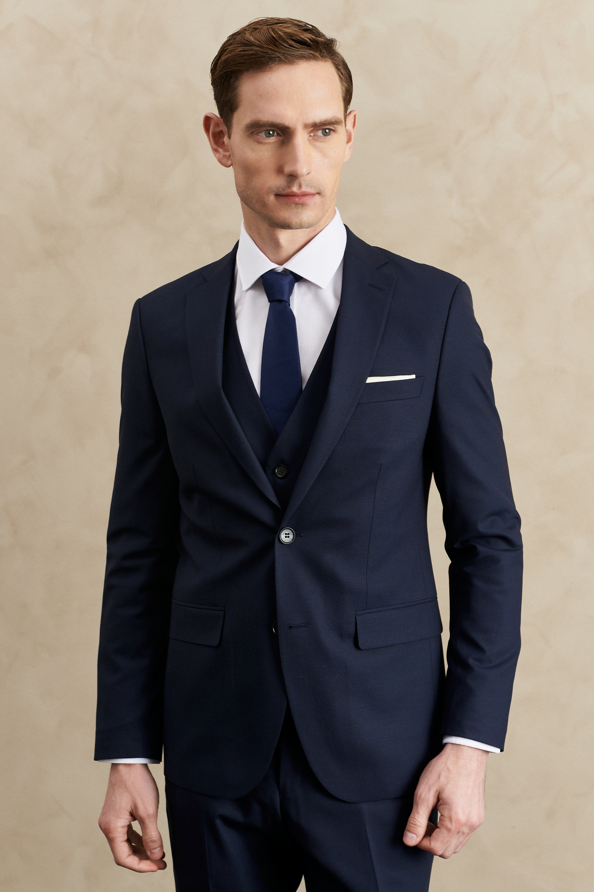 Altınyıldız Classics Erkek Lacivert Su Geçirmez Slim Fit Mono Yaka Yelekli Yünlü Nano Takım Elbise