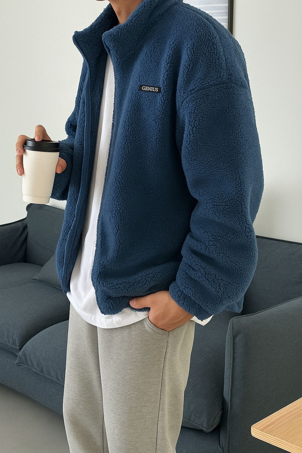 Genius Store Oversize Pelüş Tam Erkek Fermuarlı Sweatshirt Hırka Pelüş İçi Polarlı Sherpa Kumaş görsel 2