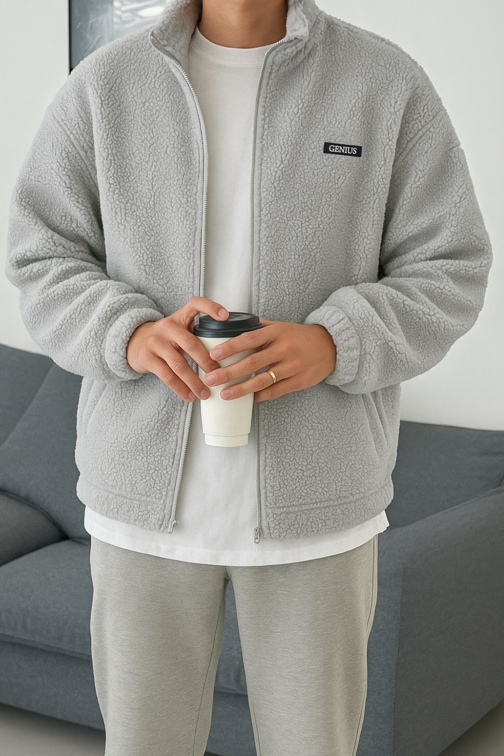 Genius Store Oversize Pelüş Tam Erkek Fermuarlı Sweatshirt Hırka Pelüş İçi Polarlı Sherpa Kumaş