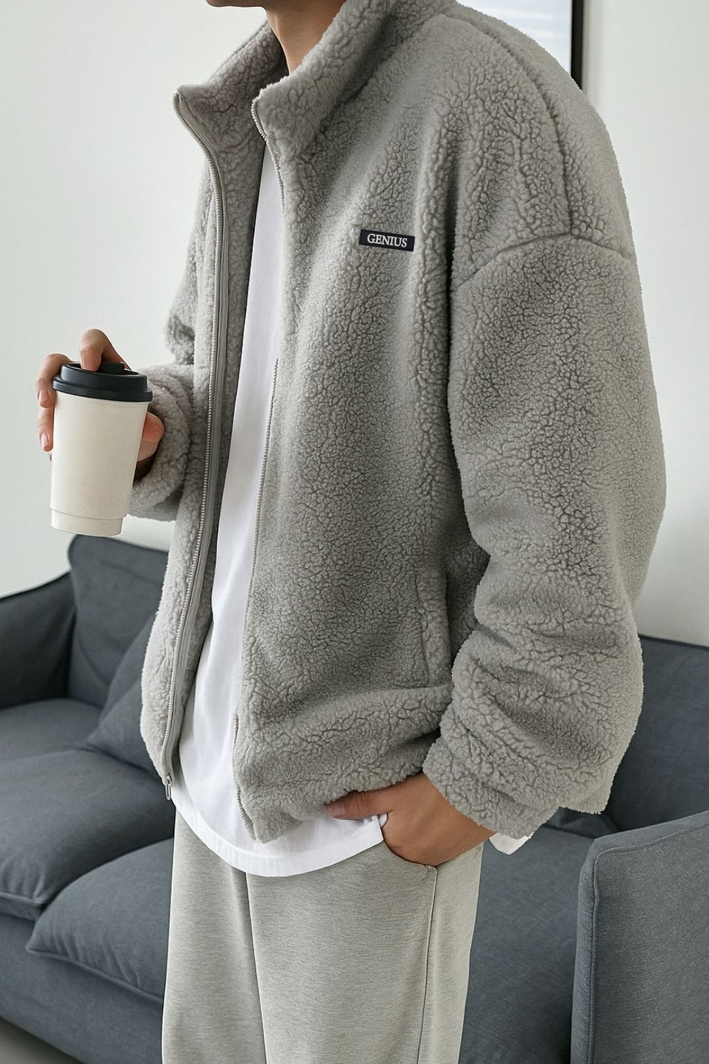 Genius Store Oversize Pelüş Tam Erkek Fermuarlı Sweatshirt Hırka Pelüş İçi Polarlı Sherpa Kumaş görsel 2