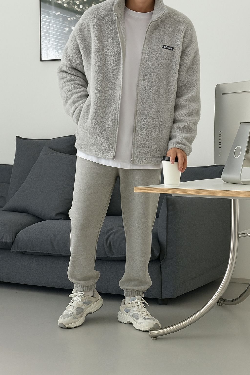Genius Store Oversize Pelüş Tam Erkek Fermuarlı Sweatshirt Hırka Pelüş İçi Polarlı Sherpa Kumaş görsel 3