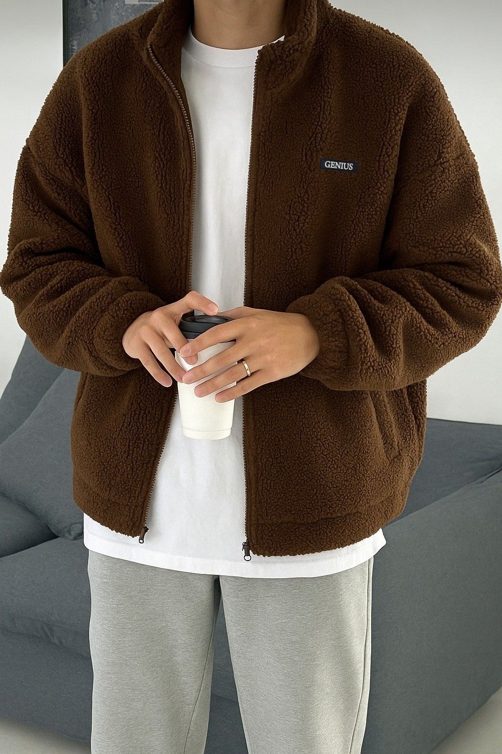Genius Store Oversize Pelüş Tam Erkek Fermuarlı Sweatshirt Hırka Pelüş İçi Polarlı Sherpa Kumaş