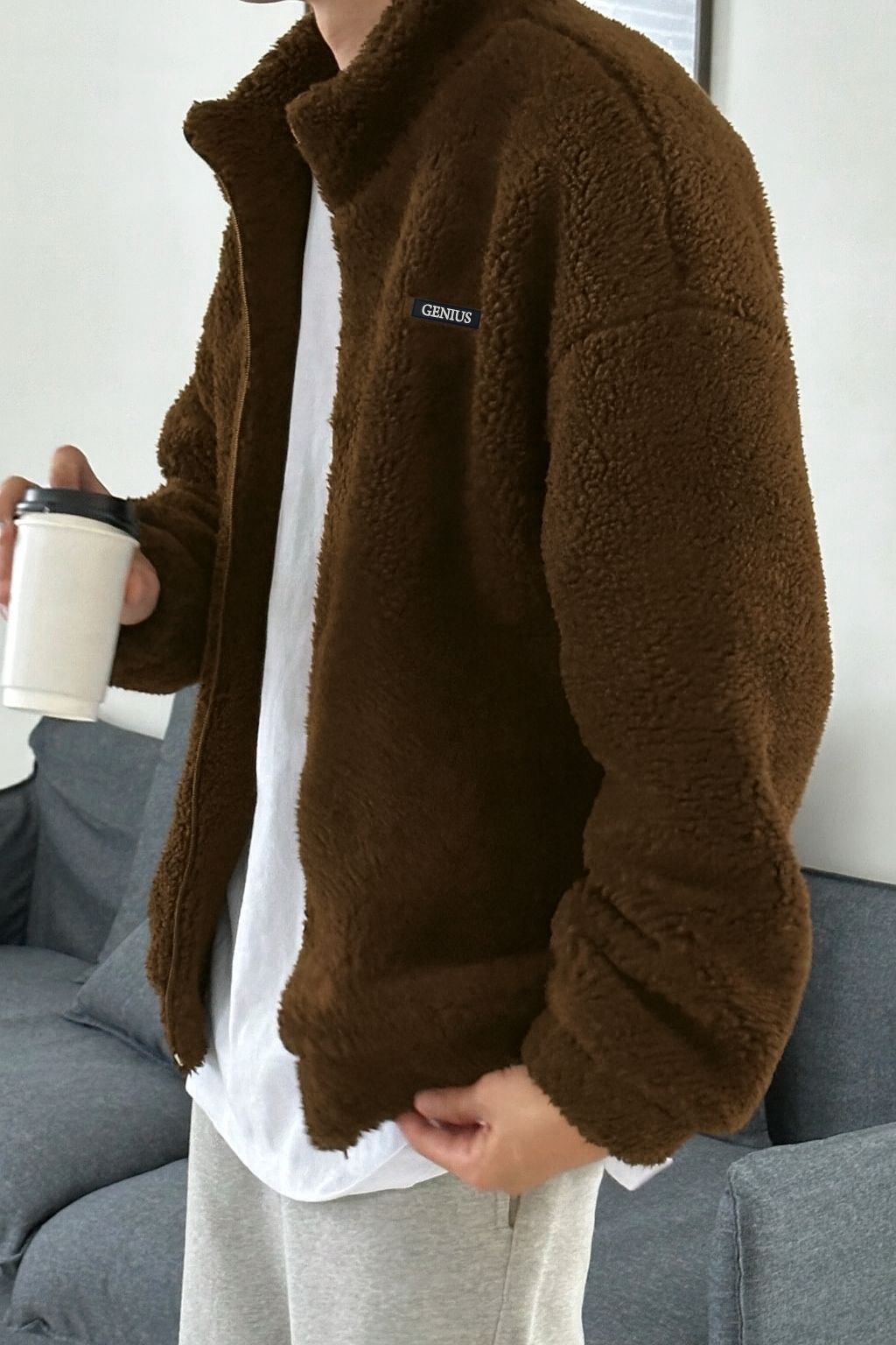 Genius Store Oversize Pelüş Tam Erkek Fermuarlı Sweatshirt Hırka Pelüş İçi Polarlı Sherpa Kumaş görsel 2