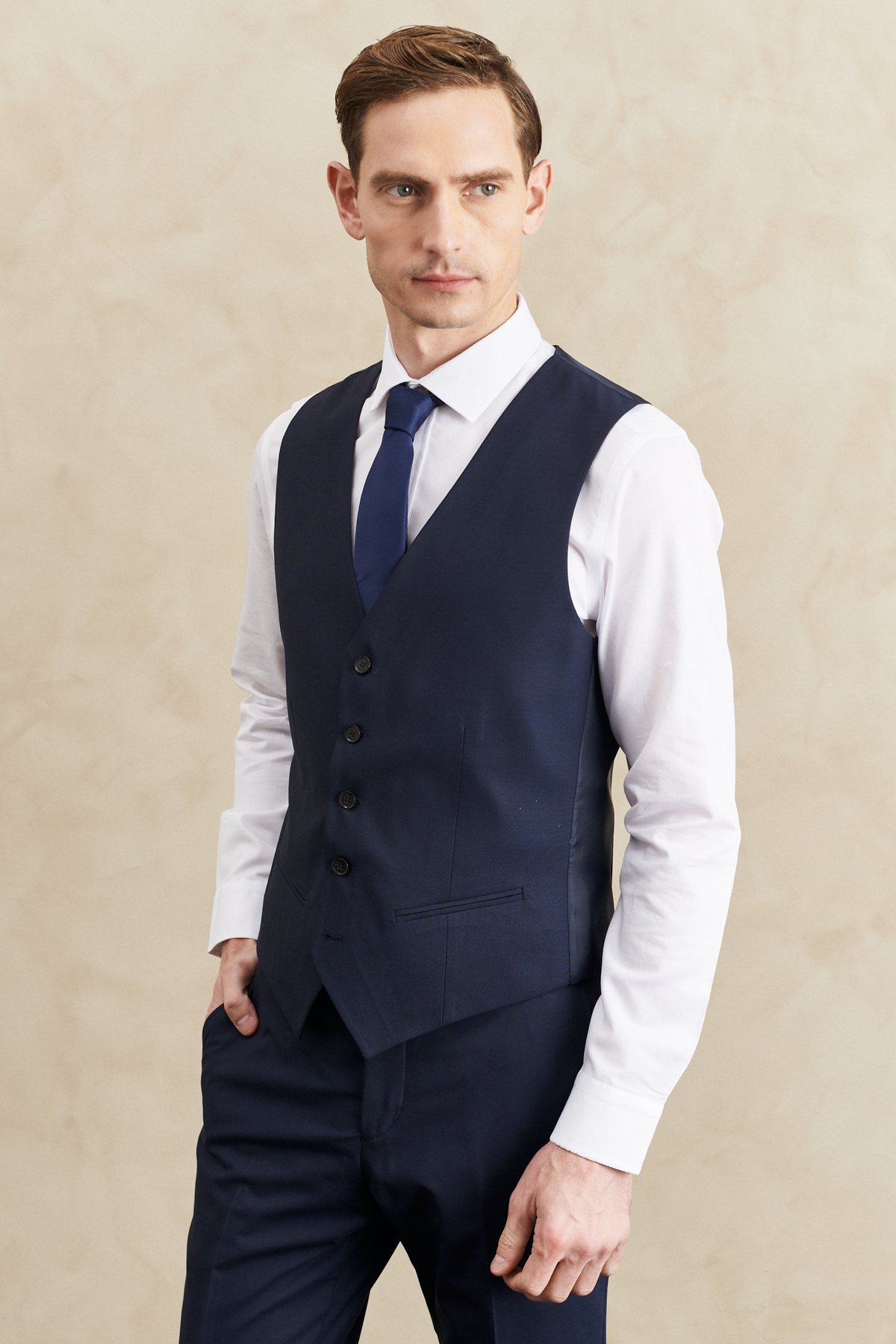 Altınyıldız Classics Erkek Lacivert Su Geçirmez Slim Fit Mono Yaka Yelekli Yünlü Nano Takım Elbise görsel 5
