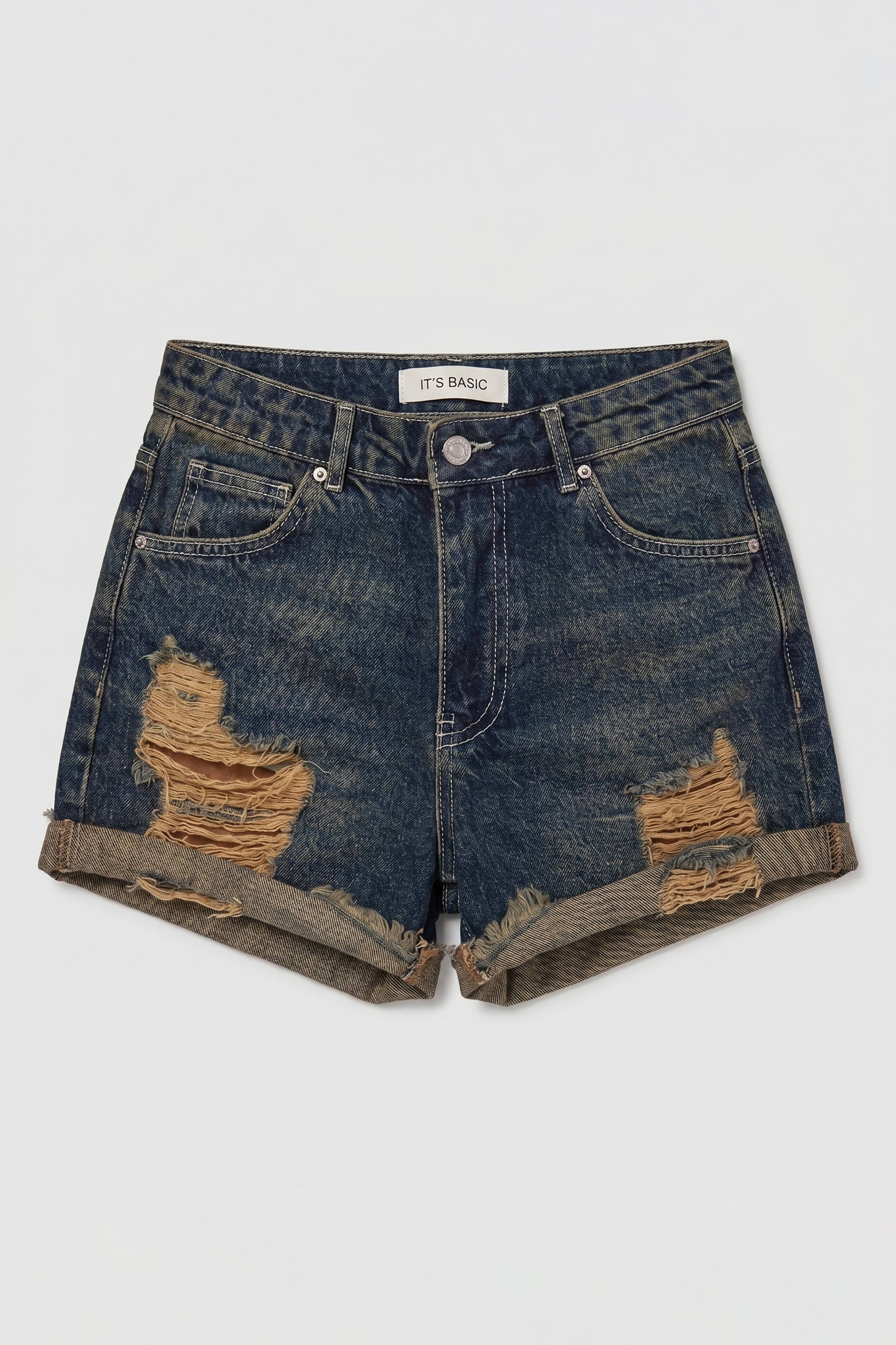It's Basic Kadın Koyu Jean 10s6 Mini Yırtık Detaylı Denim Şort