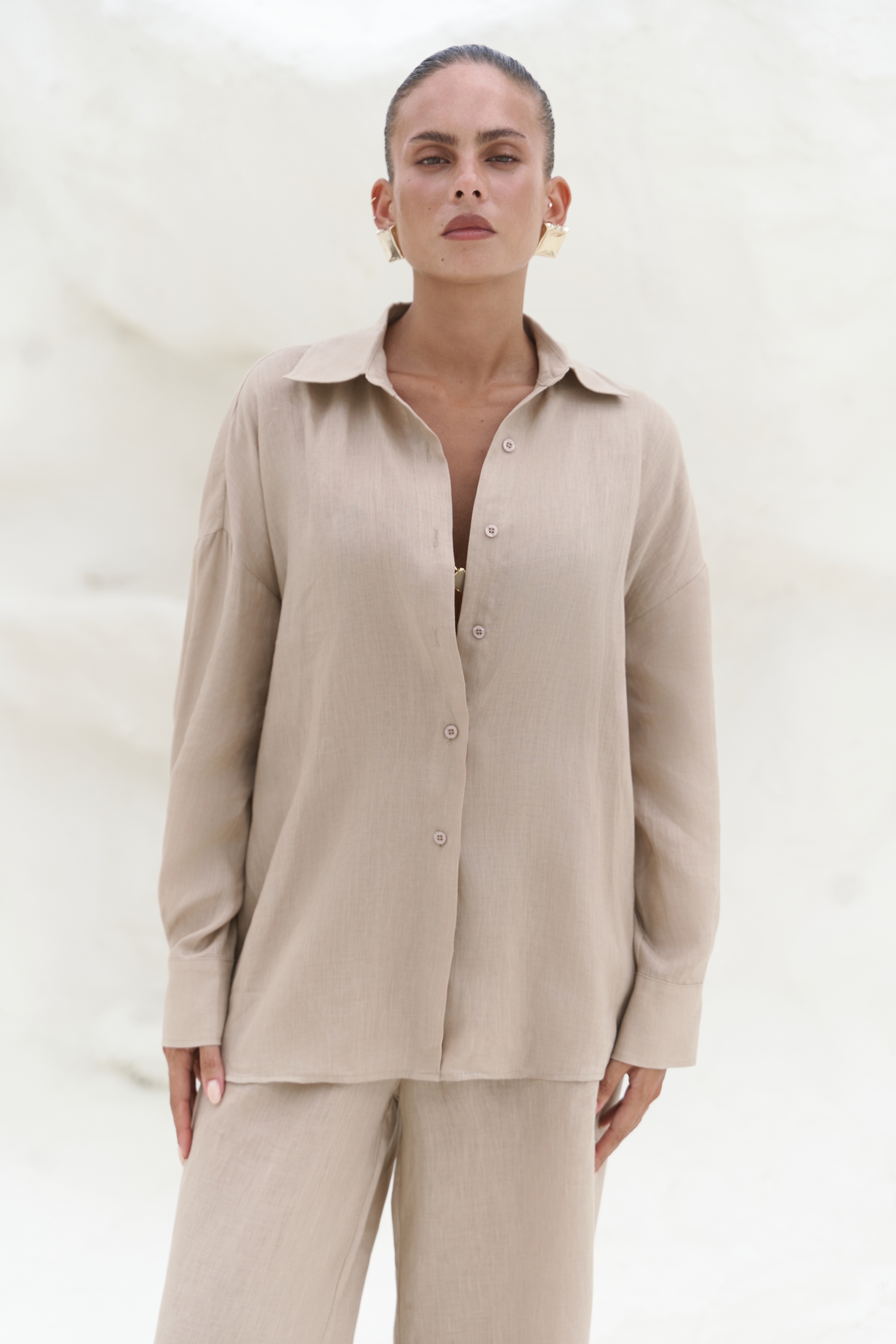 Bohemai Jelsomina Oversize Bej Keten Gömlek Pantolon Takım