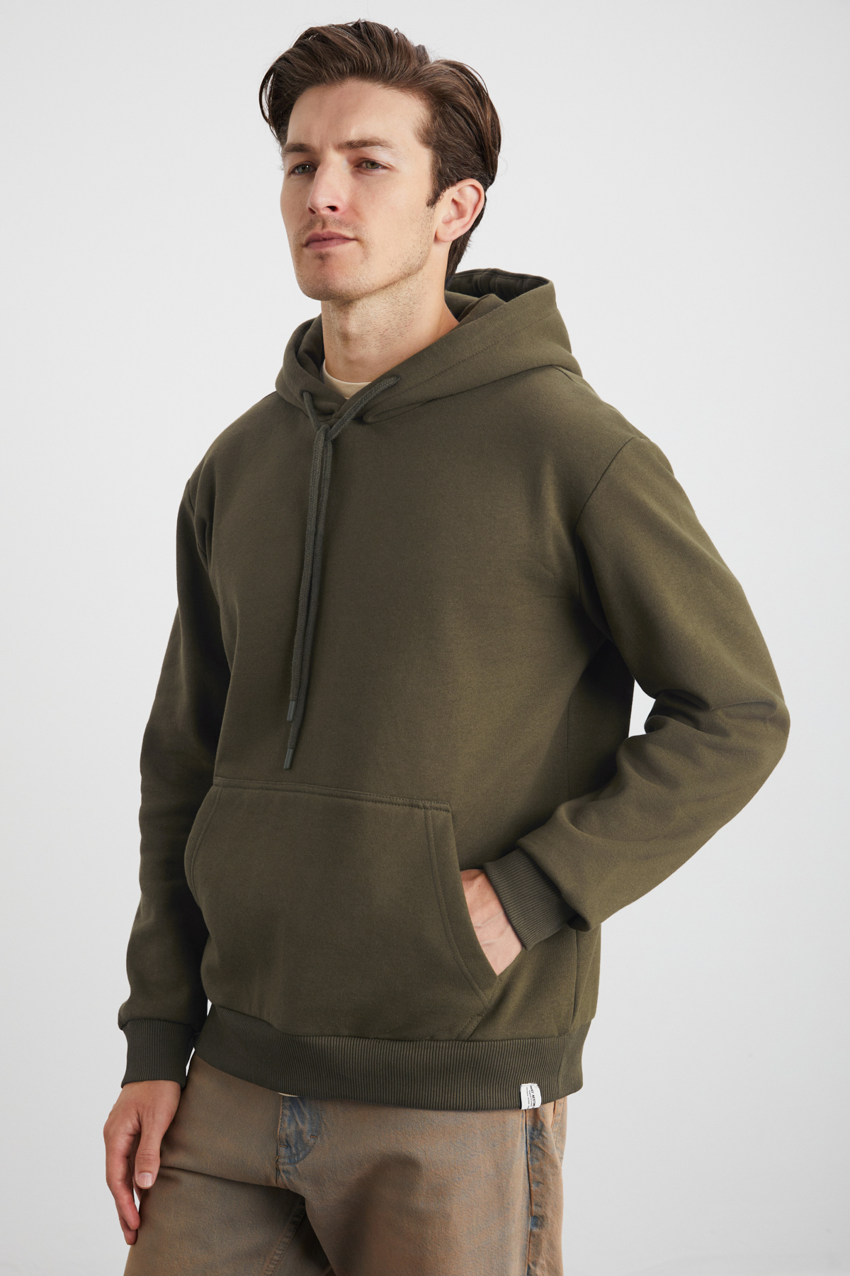 GRIMELANGE Erkek Içi Polarlı Organik Pamuklu Regular Kanguru Cepli Kapüşonlu HAKİ Sweatshirt