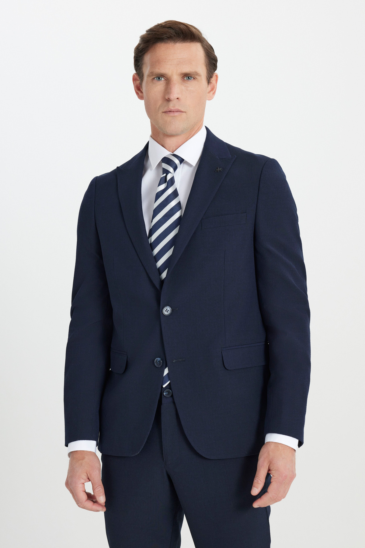 Altınyıldız Classics Erkek Lacivert Slim Fit Dar Kesim Kırlangıç Yaka Gofre Desenli Takım Elbise