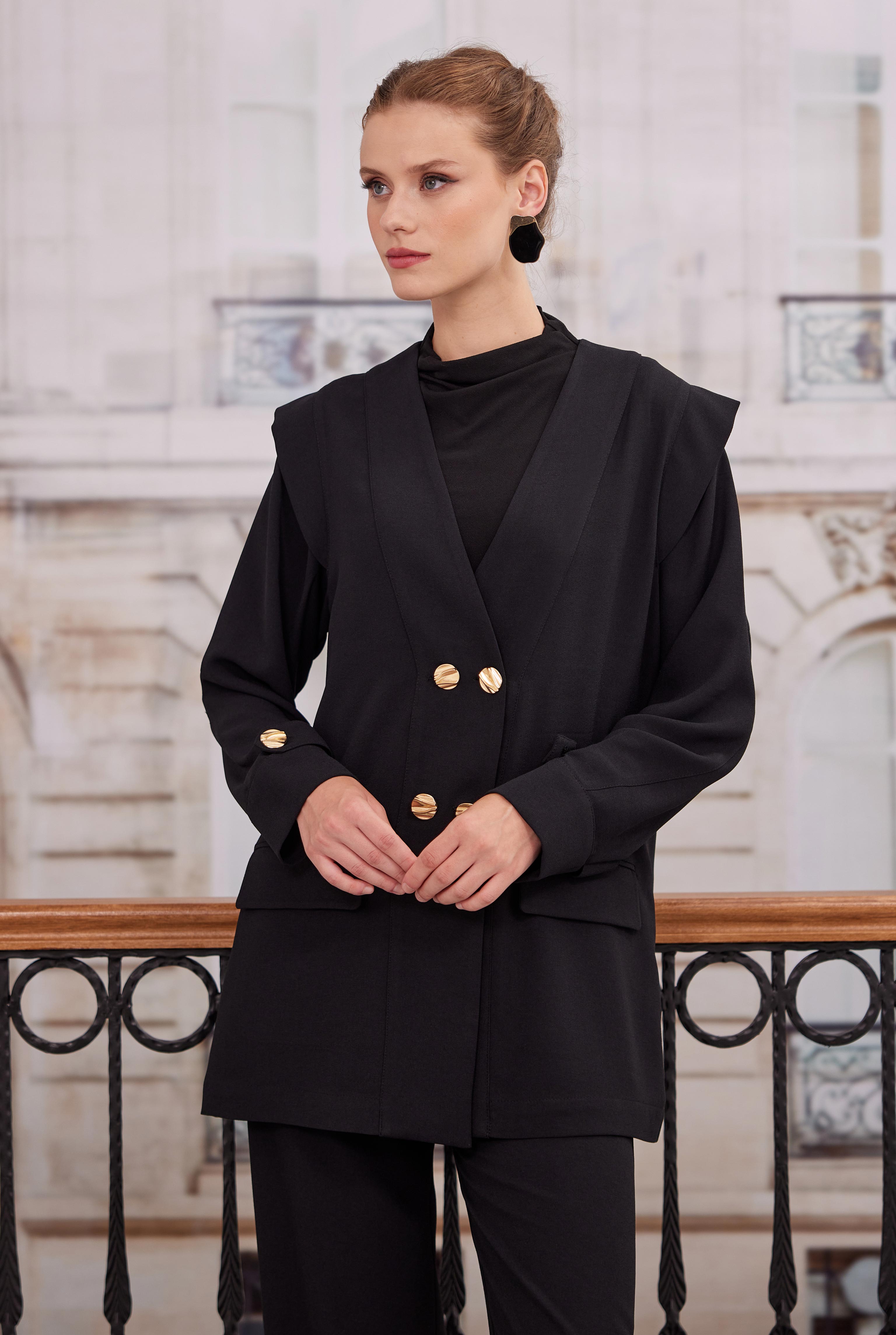 HE-QA Kruvaze Blazer Ceket Pantolon Takım Siyah