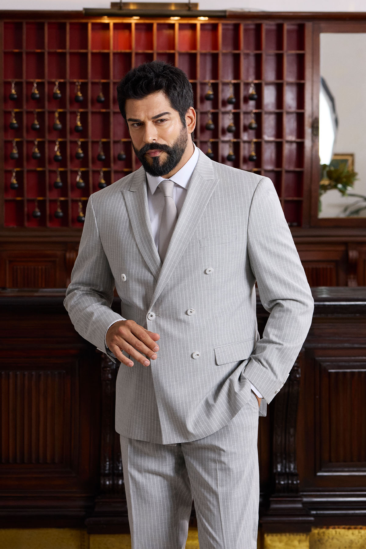 Altınyıldız Classics Erkek Açık Gri Ekstra Slim Fit Kırlangıç Yaka Çizgili Takım Elbise