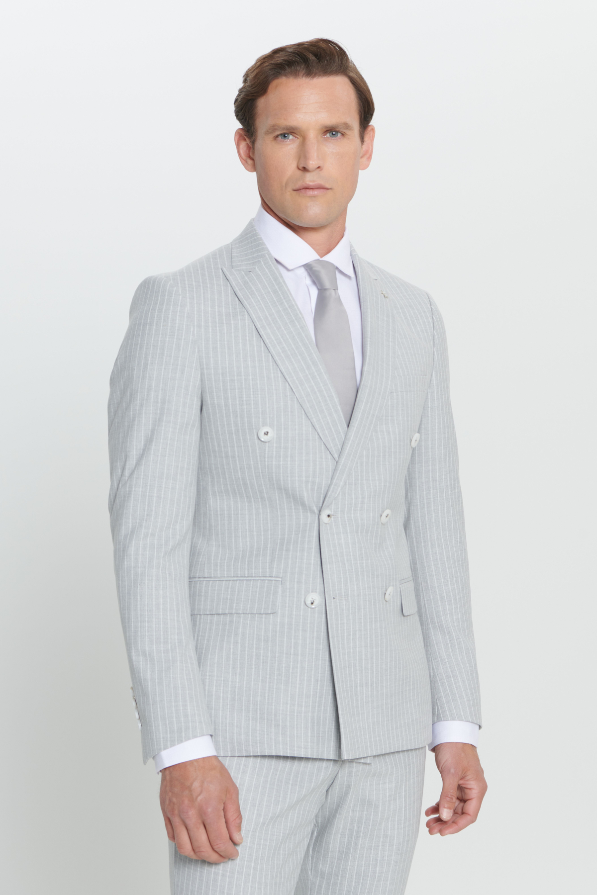 Altınyıldız Classics Erkek Açık Gri Ekstra Slim Fit Kırlangıç Yaka Çizgili Takım Elbise görsel 2