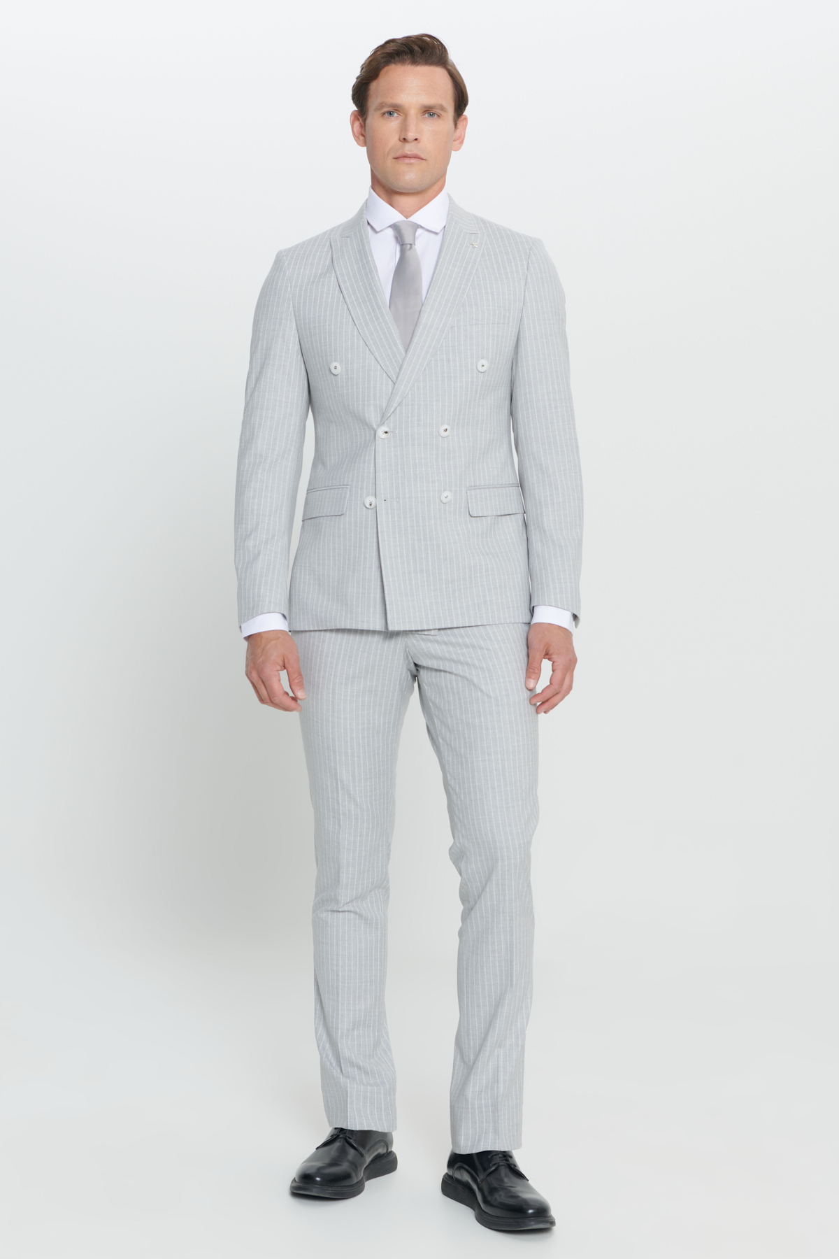 Altınyıldız Classics Erkek Açık Gri Ekstra Slim Fit Kırlangıç Yaka Çizgili Takım Elbise görsel 4