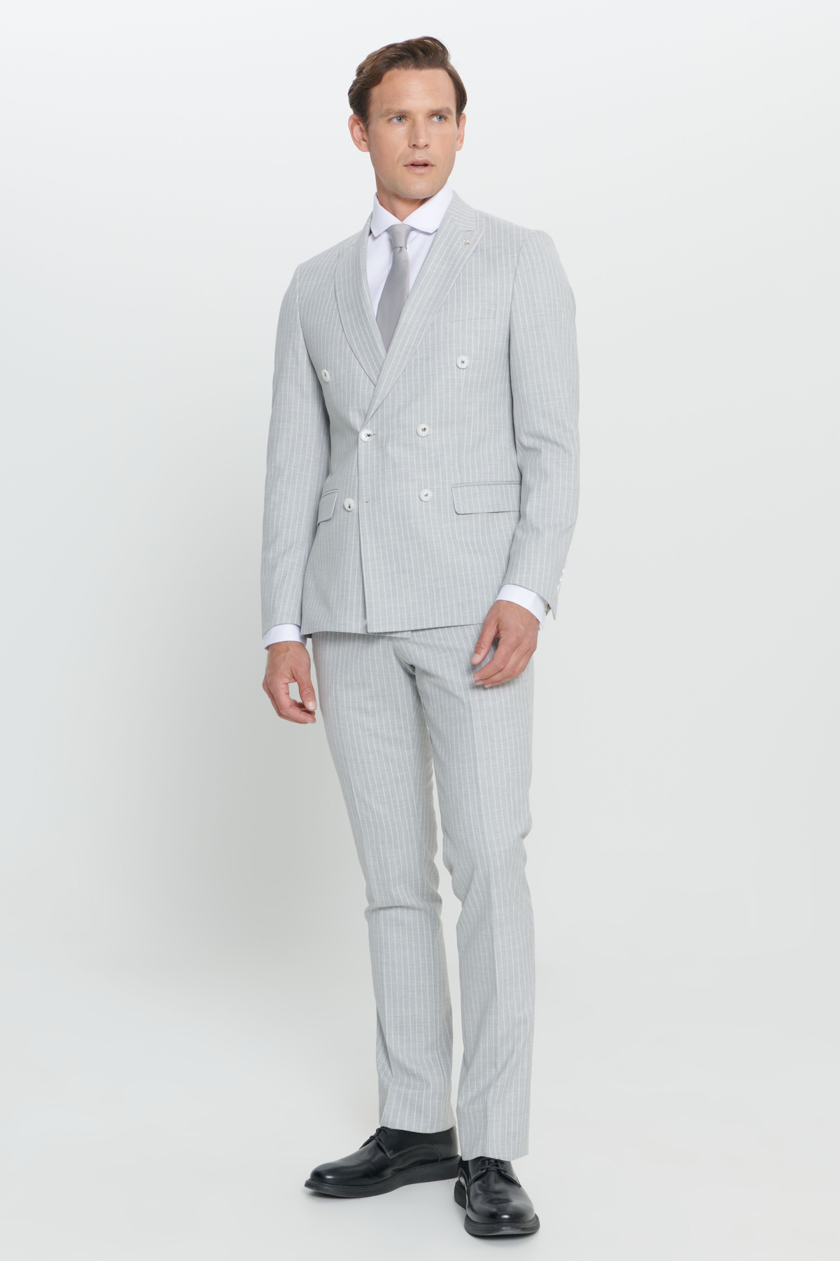 Altınyıldız Classics Erkek Açık Gri Ekstra Slim Fit Kırlangıç Yaka Çizgili Takım Elbise görsel 5