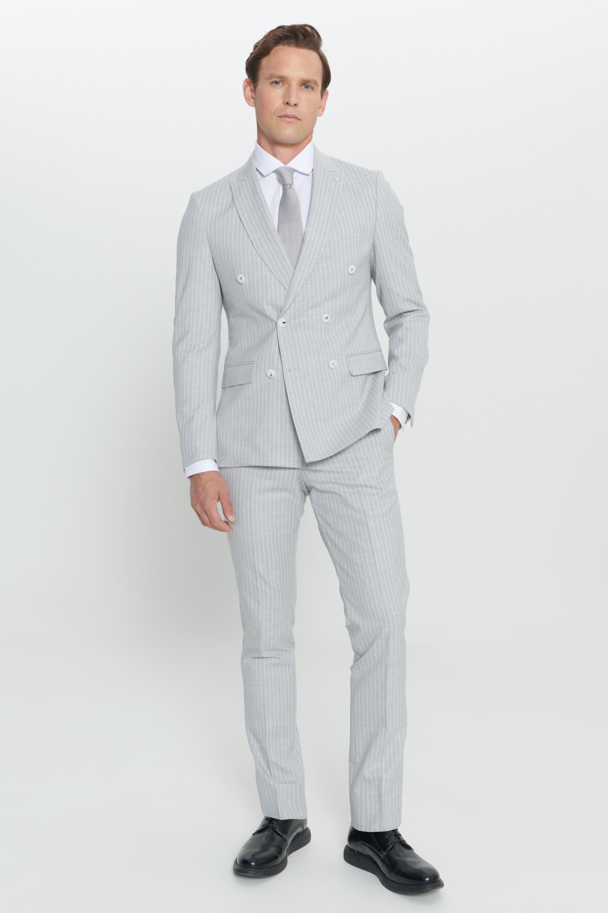 Altınyıldız Classics Erkek Açık Gri Ekstra Slim Fit Kırlangıç Yaka Çizgili Takım Elbise görsel 6