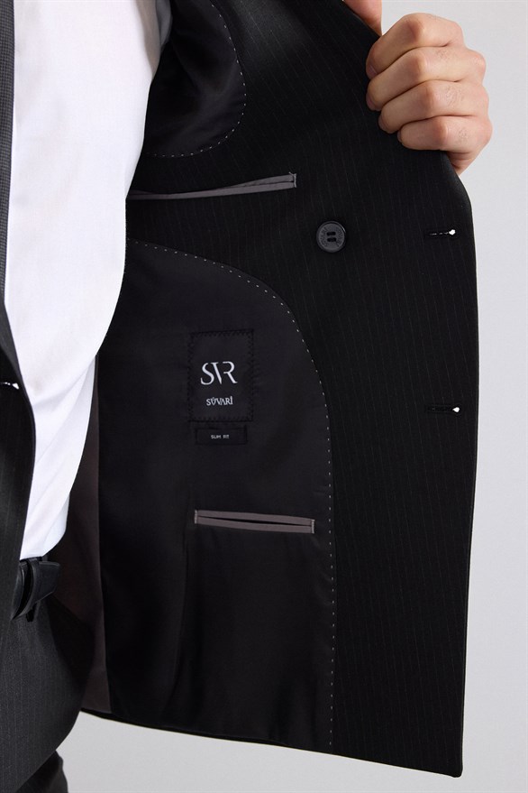 Süvari Siyah Slim Kruvaze Yaka 6 Drop Takım Elbise görsel 6