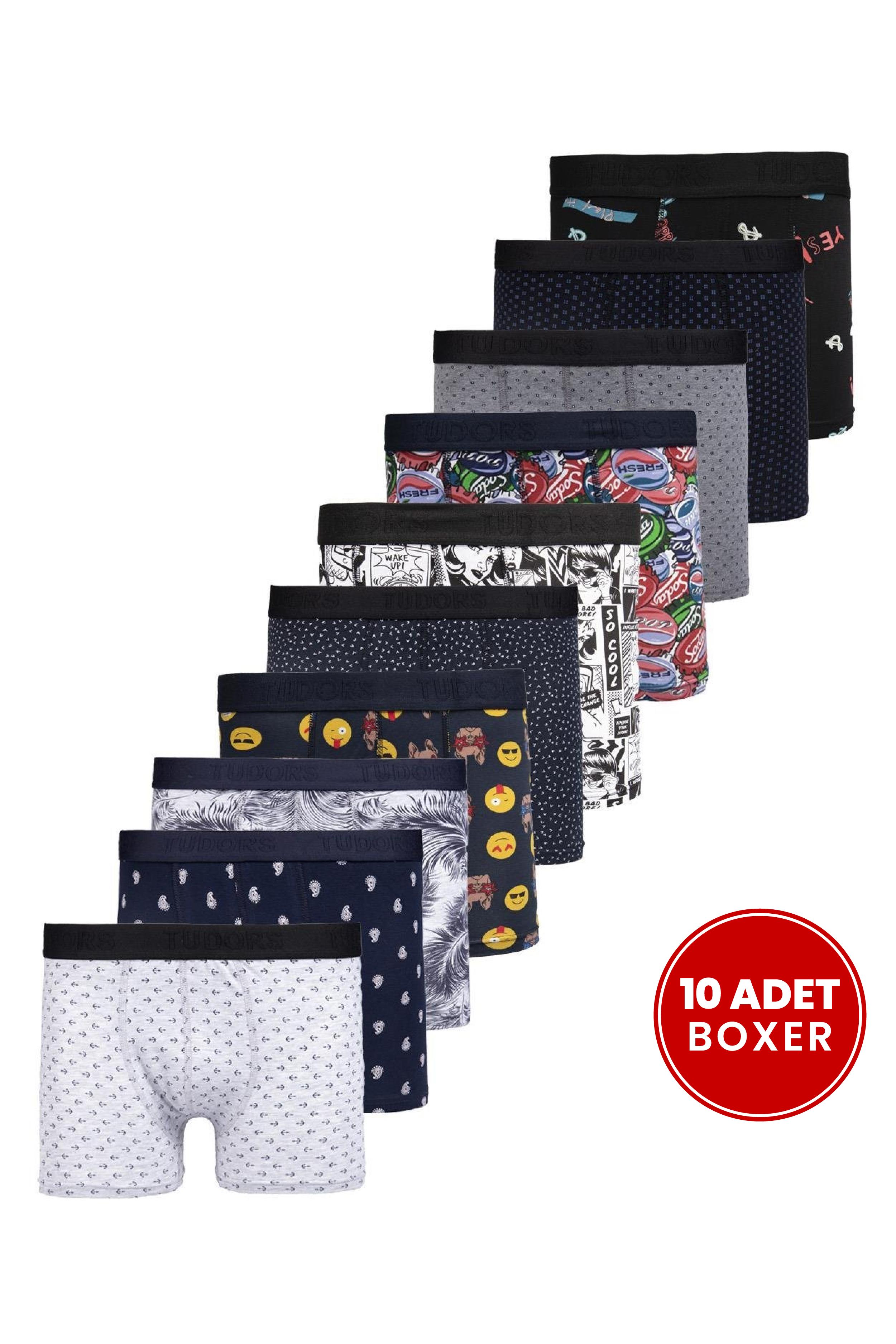 TUDORS Erkek 10'Lu Desenli Elastanlı Pamuklu Esnek Kumaş Premium Seri Boxer