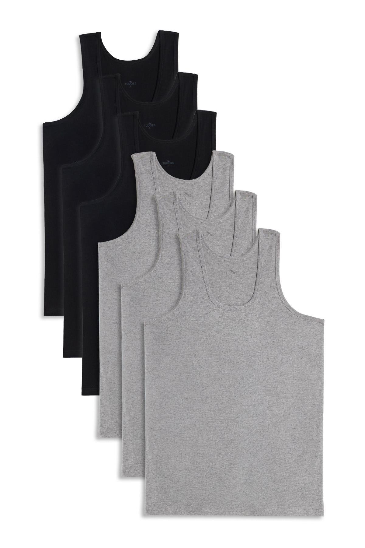 TUDORS 6 Adet Compact Penye Siyah-Gri Erkek Atlet Pamuklu Standart Fit Normal Kesim 6'Lı Paket